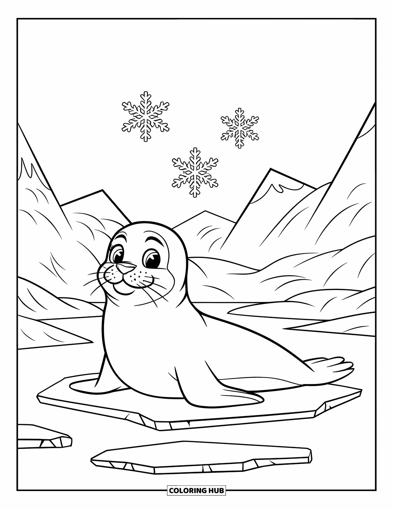 Winter Animal Coloring Page for Kids: Seal lies on flat icy snow under falling snowflakes and snowy mountains