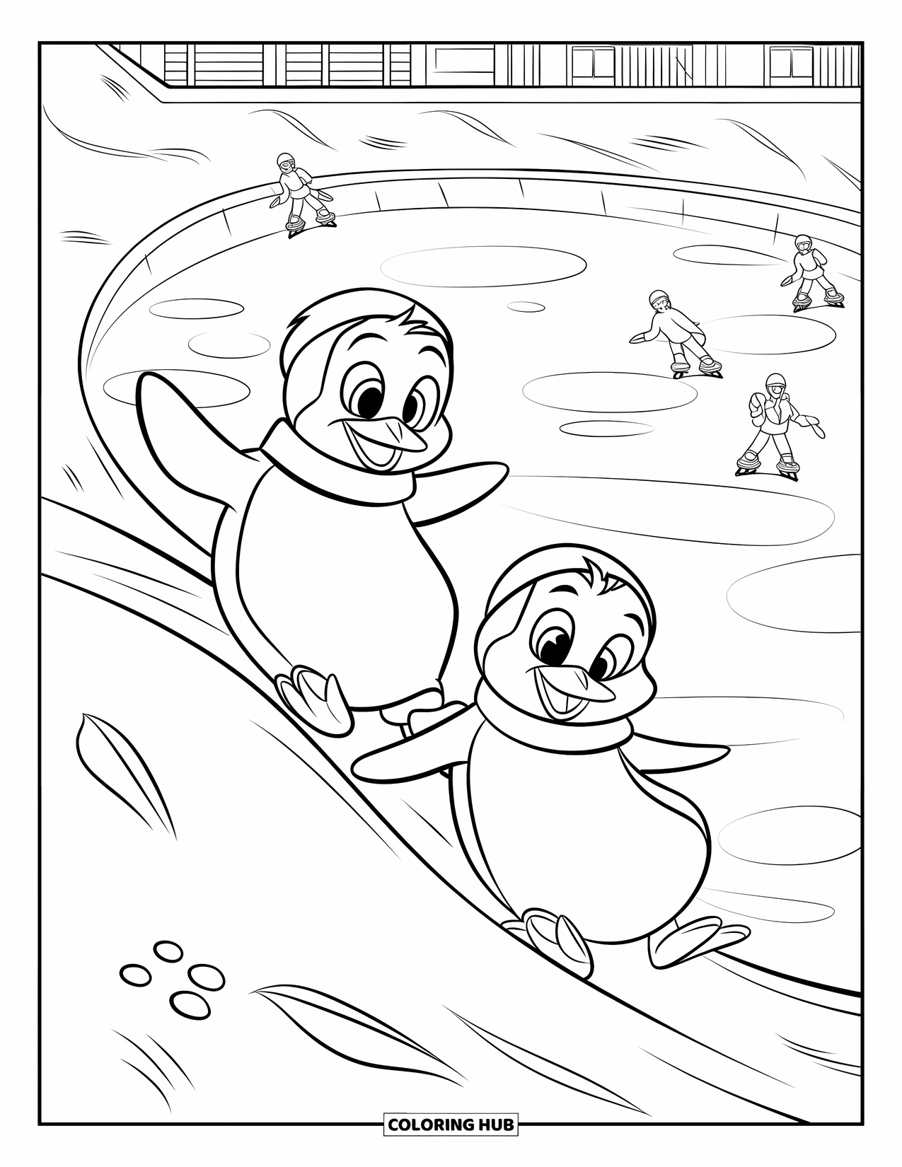 Winter Animal Coloring Page for Kids: Sliding penguins pass ice skaters near a frozen pond and snowy buildings