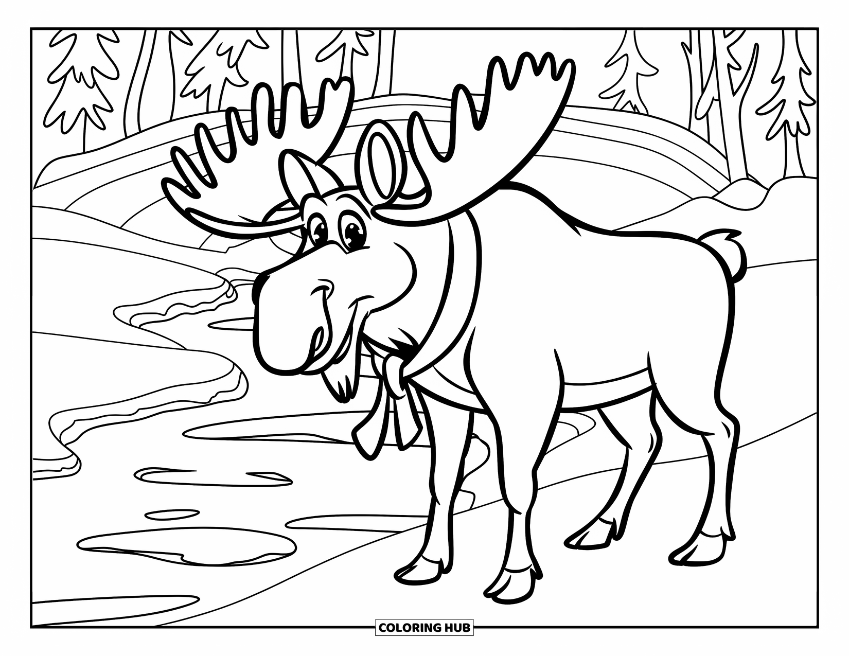Winter Animal Coloring Page for Kids: Smiling moose in scarf stands near frozen stream and a wooden bridge