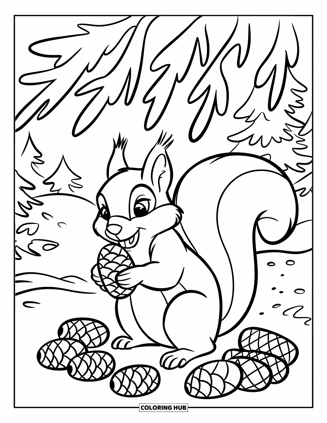 Winter Animal Coloring Page for Kids: Squirrel on hind legs holds a pinecone among snow-covered pines