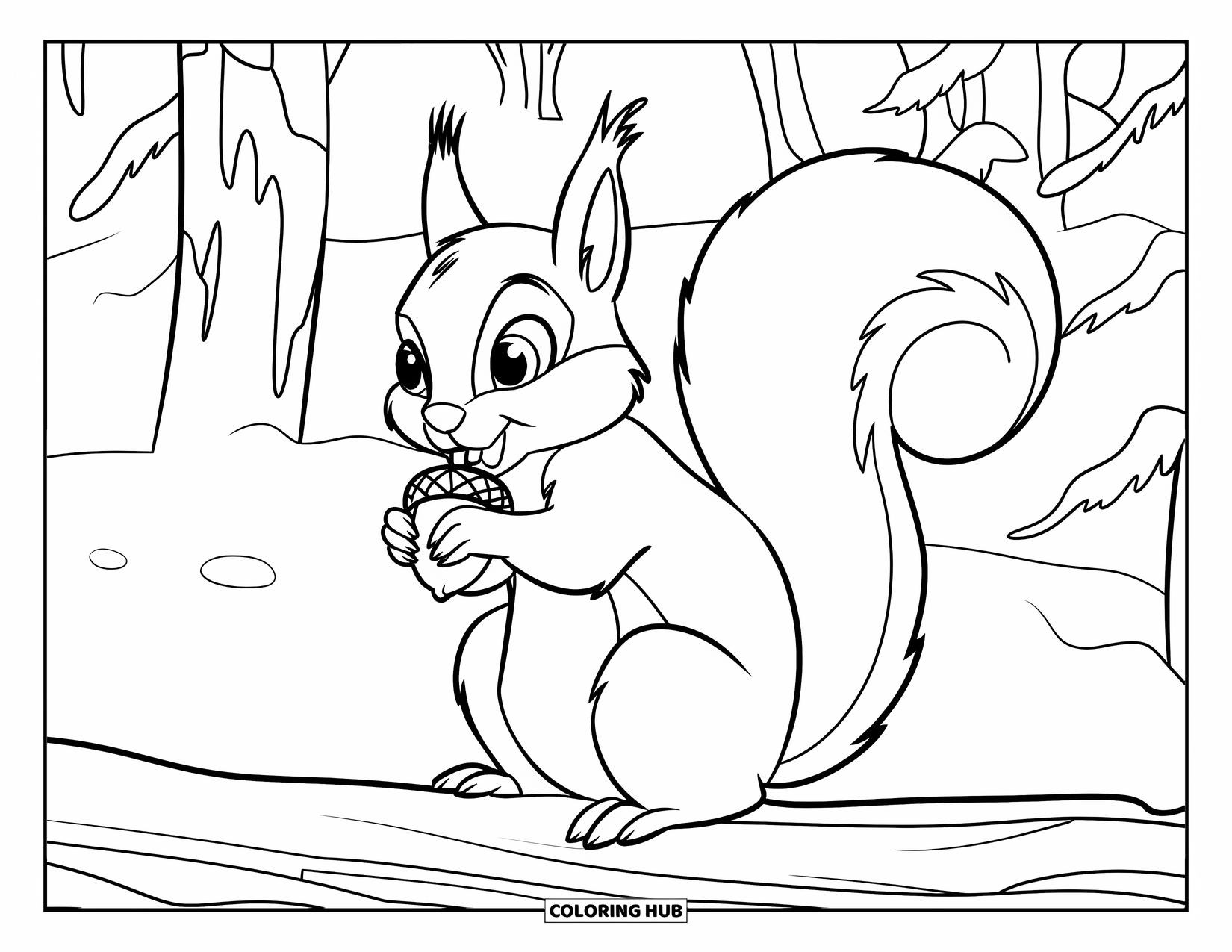 Winter Animal Coloring Page for Kids: Squirrel with acorn sits on a snowy log in the forest