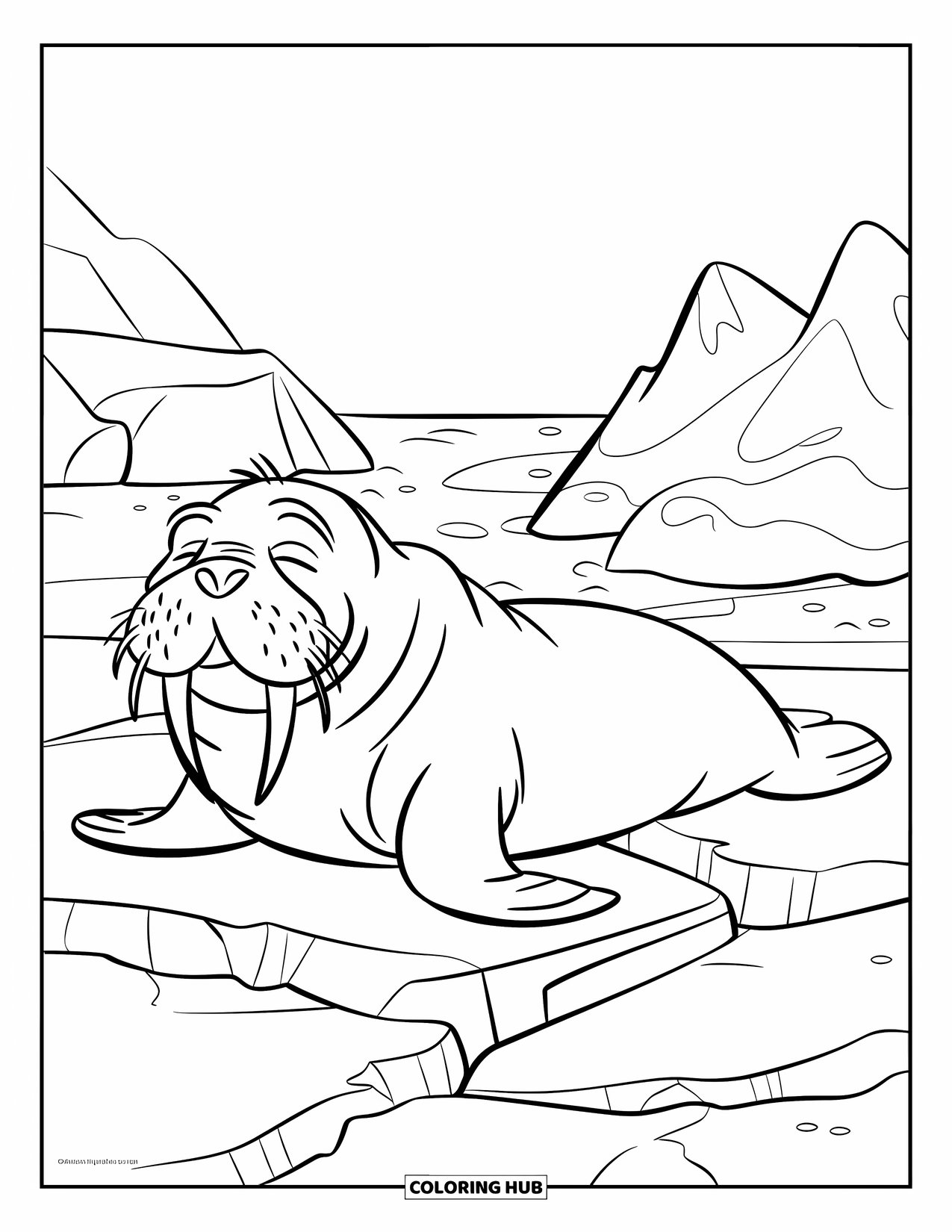 Winter Animal Coloring Page for Kids: Walrus naps on cracked ice near snowy drifts and mountains