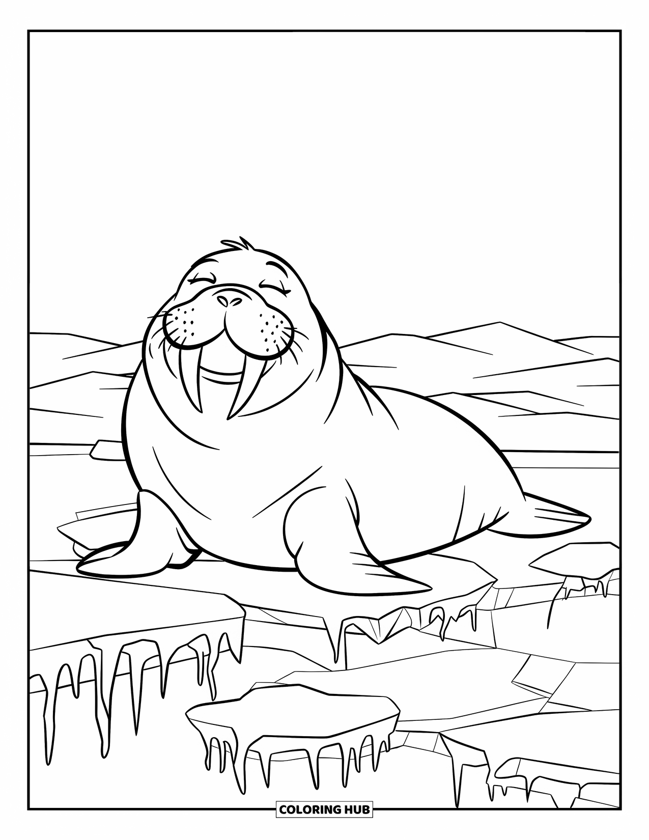 Winter Animal Coloring Page for Kids: Walrus relaxes on snowy ice near mountains and long icicles