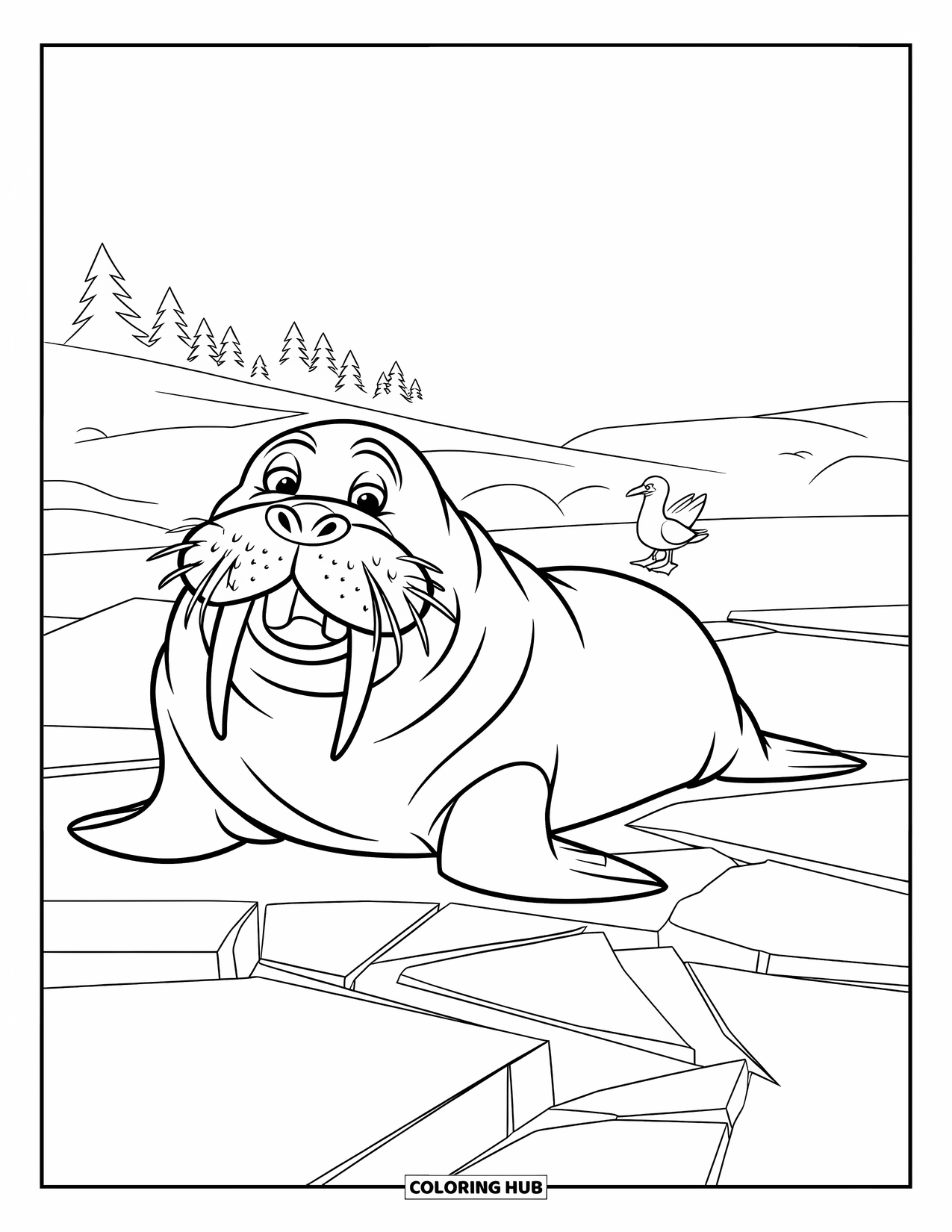 Winter Animal Coloring Page for Kids: Walrus smiles on cracked ice with seagulls nearby in a snowy forest