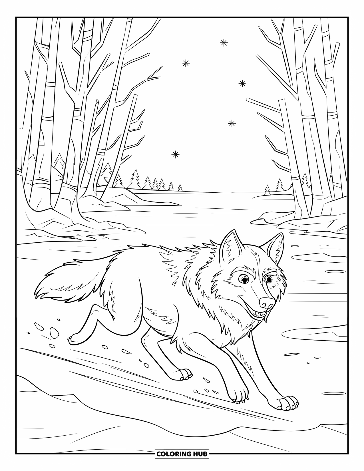 Winter Animal Coloring Page for Kids: Wolf dashes across frozen lake as stars twinkle above snowy trees