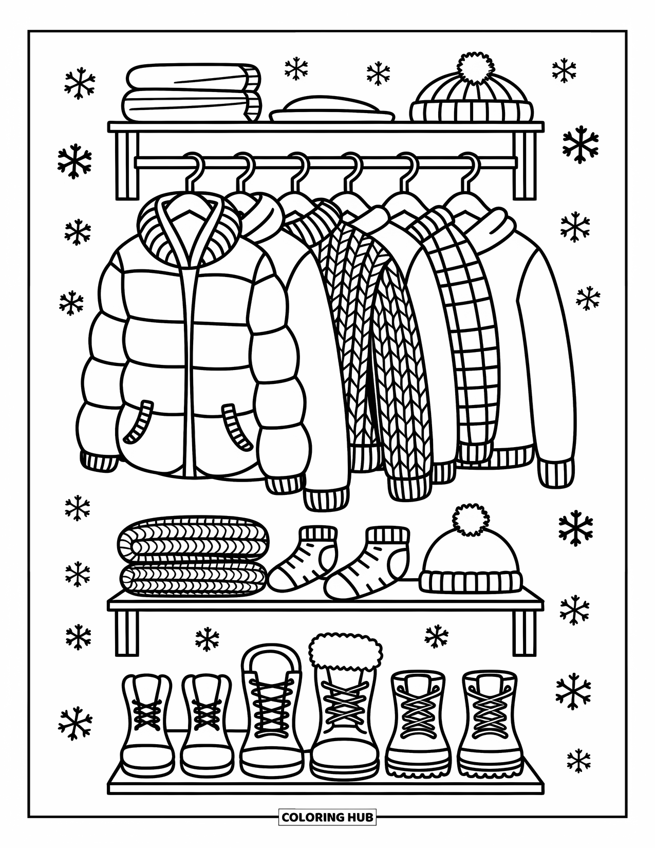 Winter Clothes Coloring Page for Adults: A closet full of coats and sweaters is stacked with socks, mittens, and boots