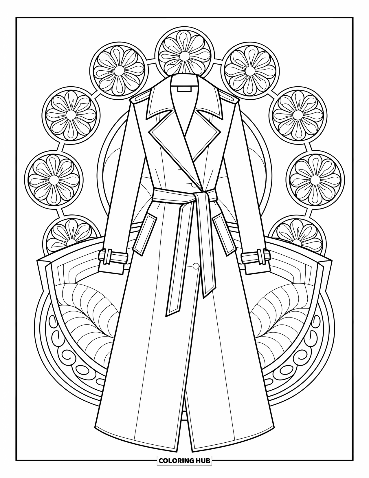 Winter Clothes Coloring Page for Adults: A floral-patterned trench coat drapes over a chair in a quiet space