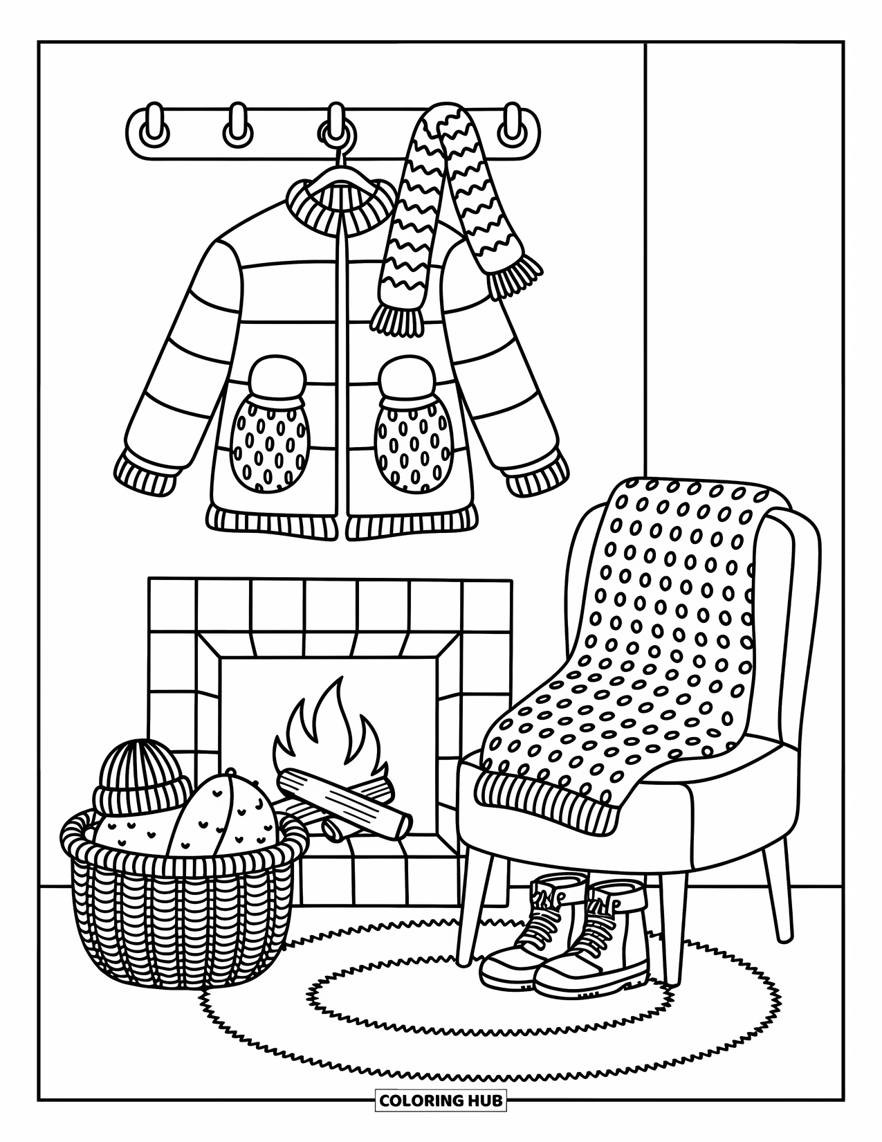 Winter Clothes Coloring Page for Adults: A jacket, scarf, boots, and a soft rug warm the room near a hearth