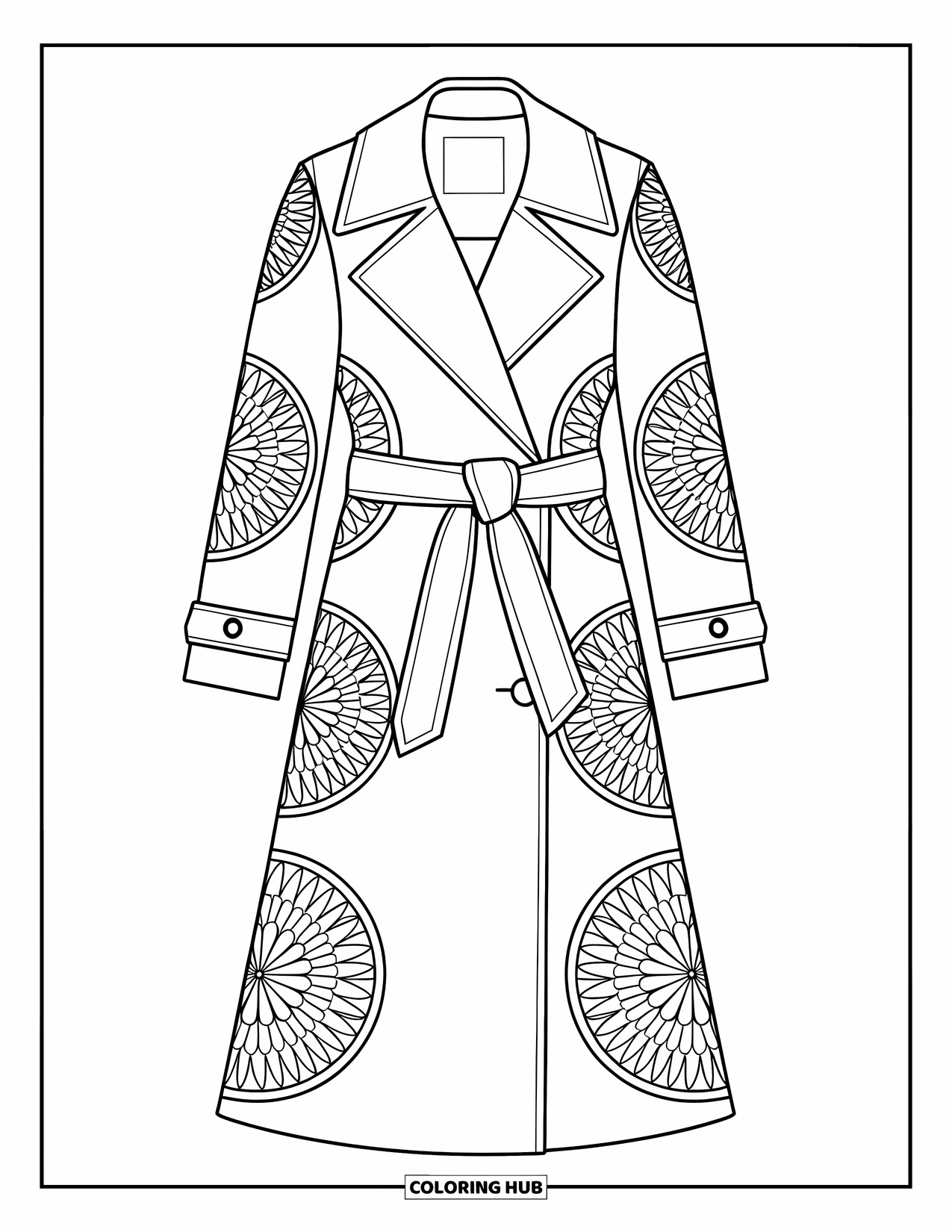 Winter Clothes Coloring Page for Adults: A long trench coat is patterned with floral mandalas all over