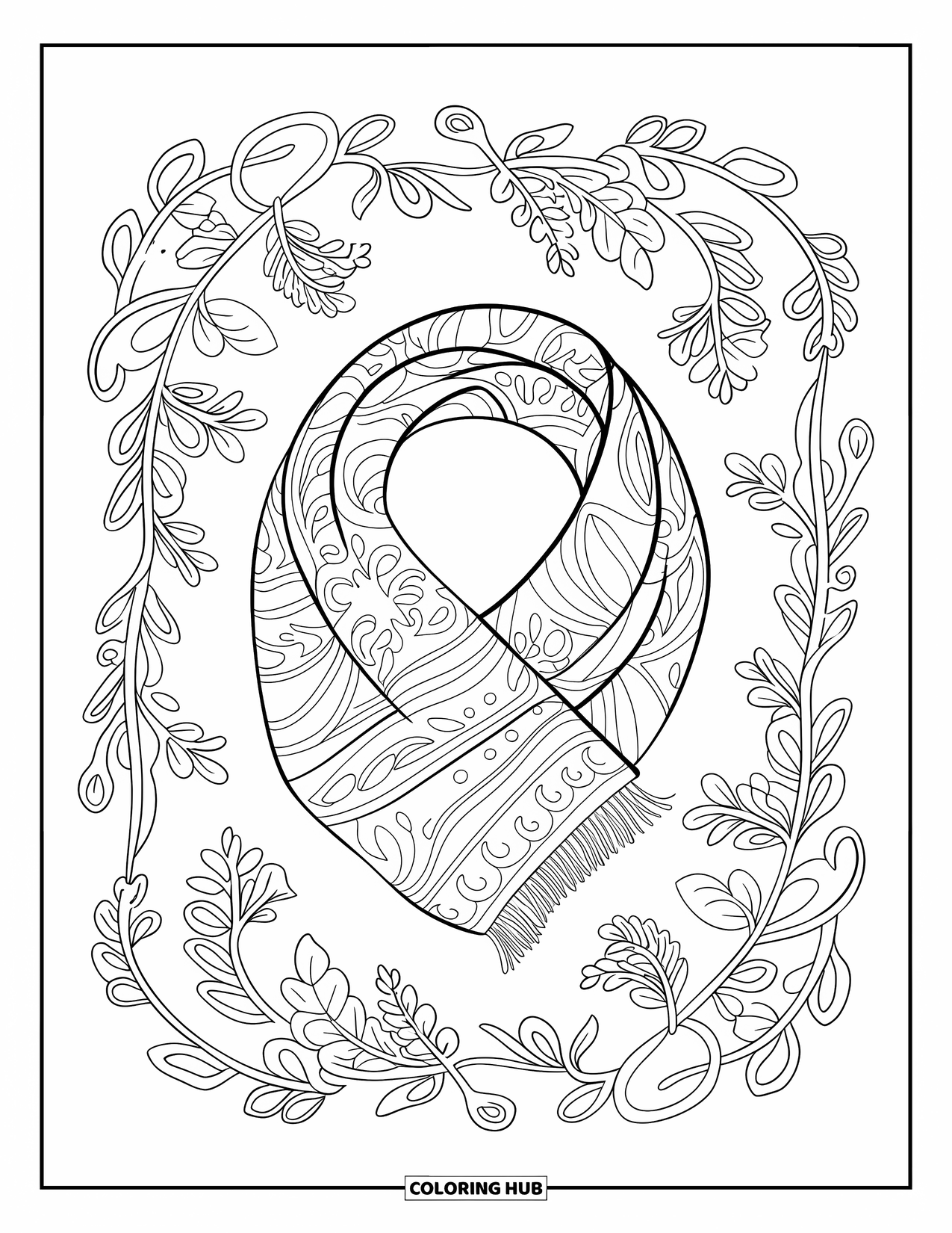 Winter Clothes Coloring Page for Adults: A looped woolen scarf sits surrounded by elegant, curling botanical patterns