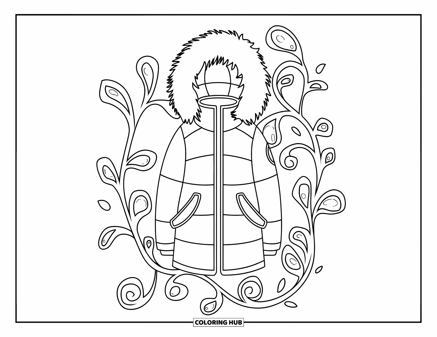 Winter Clothes Coloring Page for Adults: A parka with a fluffy hood stands out, surrounded by swirling, patterned vines