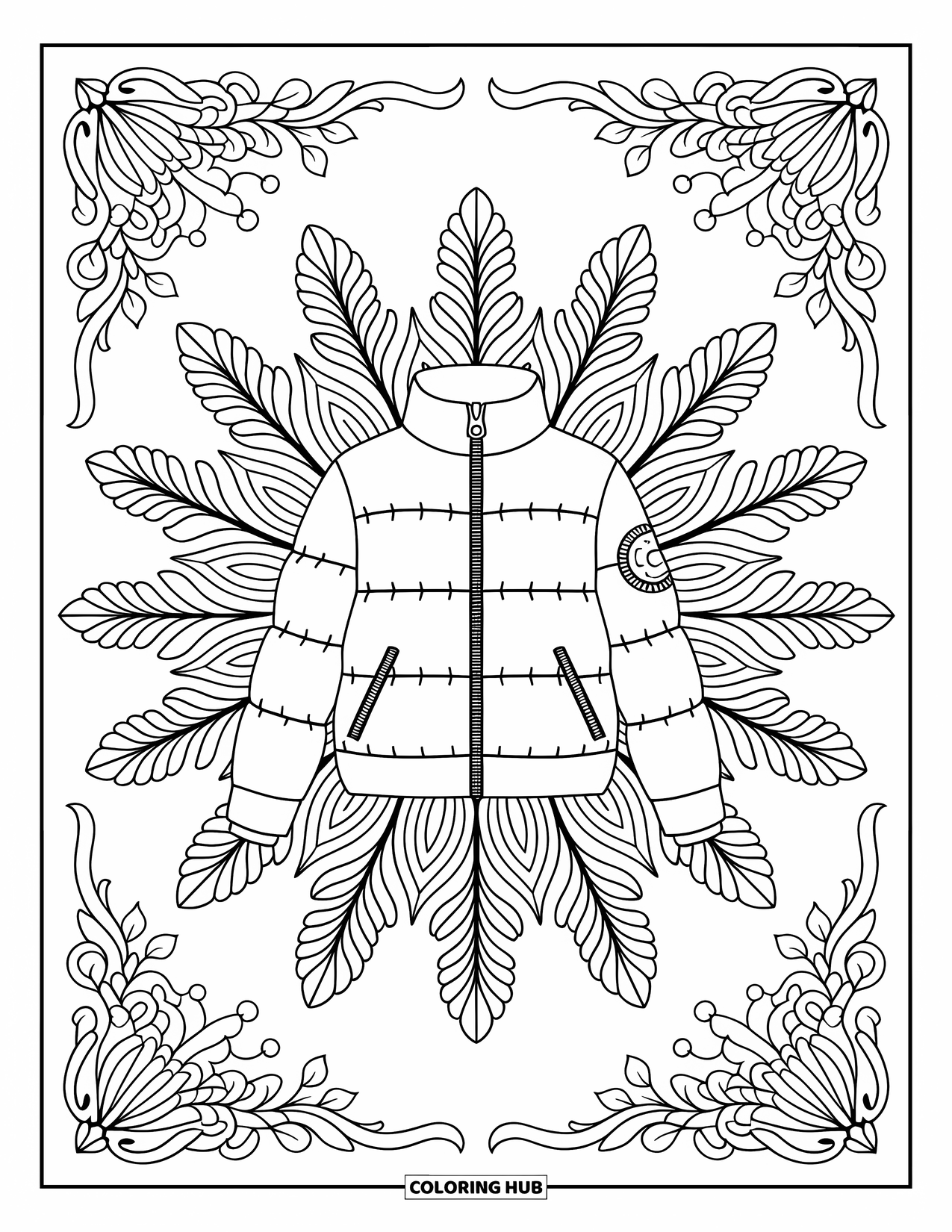 Winter Clothes Coloring Page for Adults: A puffer jacket sits at the center of swirling leaves in a radial design