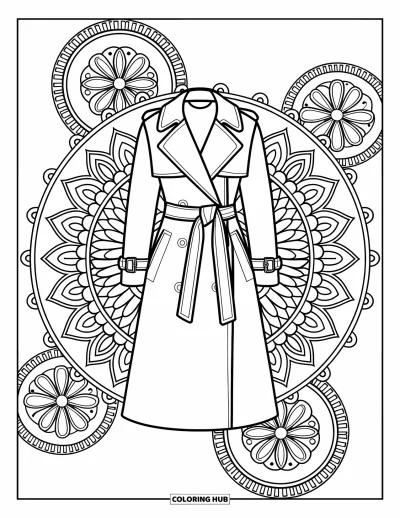 Fargeleggingsark med vinterklær for voksne: En beltebundet trenchcoat er omgitt av sirkulære mandalamønstre og blomsterdesign