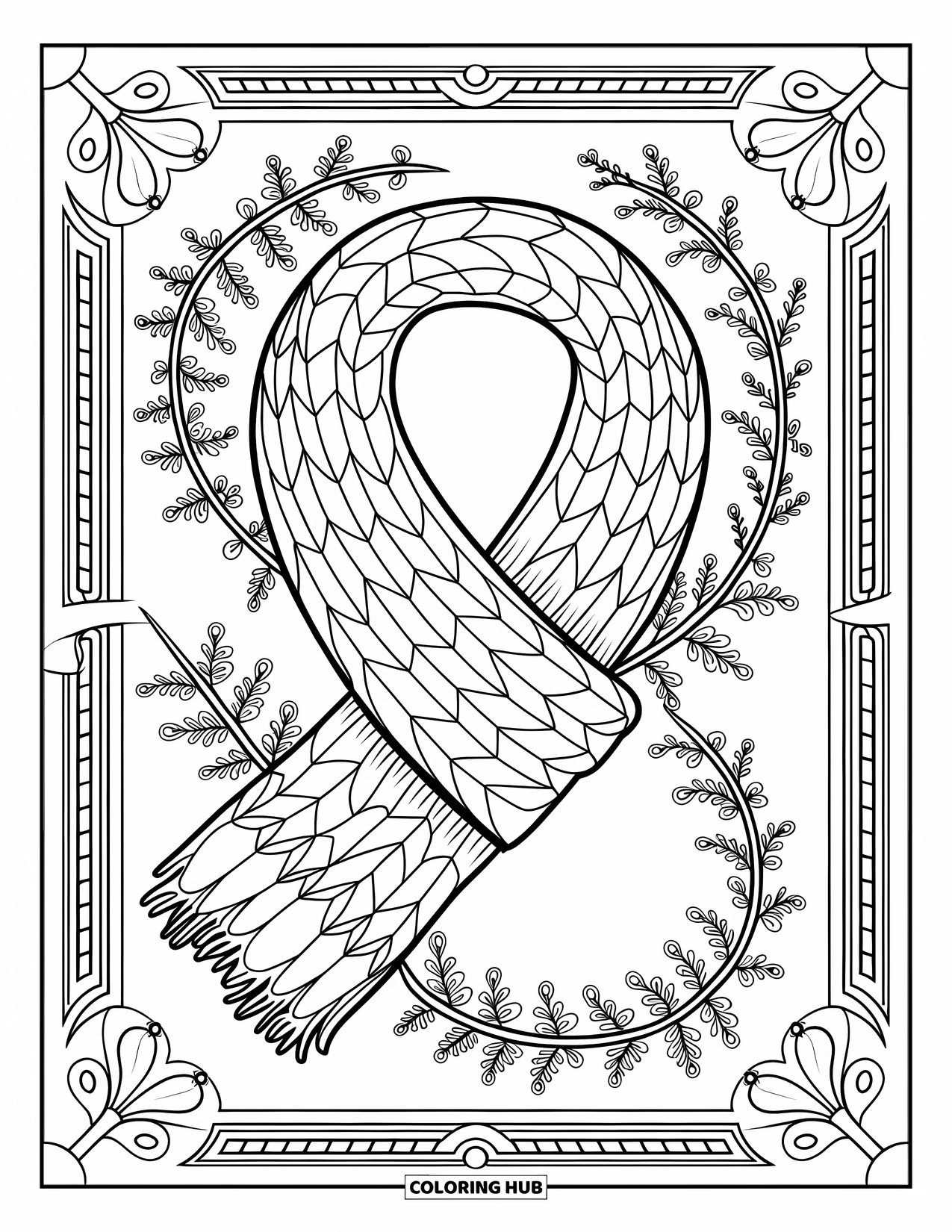 Winter Clothes Coloring Page for Adults: A scarf is wrapped in a loop, enclosed by detailed leaves and floral filigree