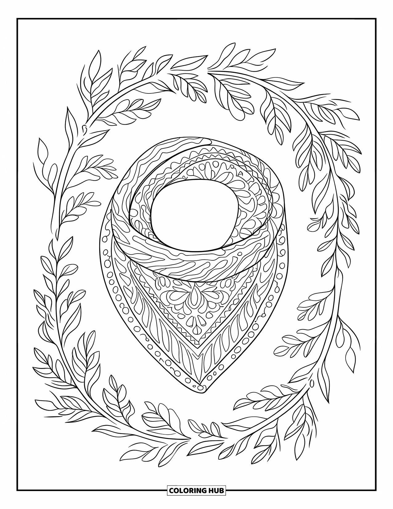 Winter Clothes Coloring Page for Adults: A soft scarf rests in a loop among graceful leaves and curling vines