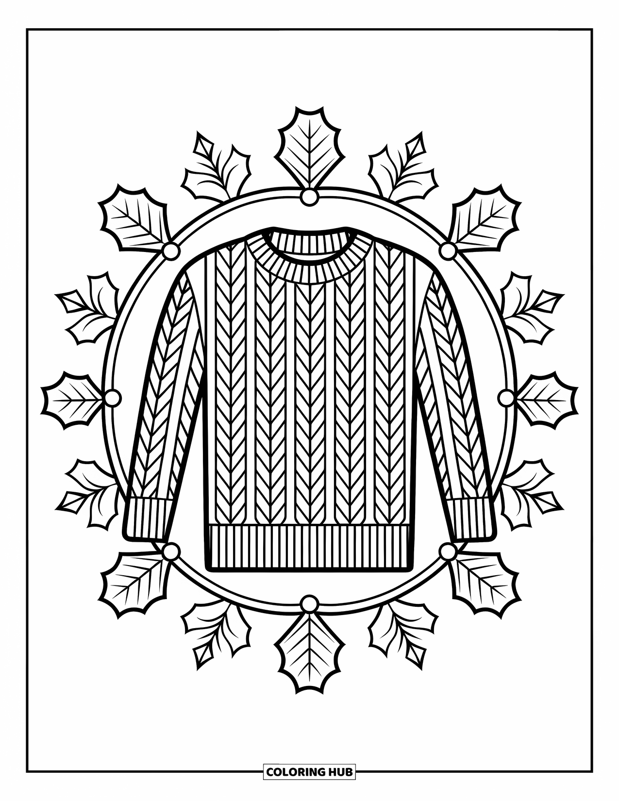 Winter Clothes Coloring Page for Adults: A thick sweater is surrounded by festive holly leaves and detailed patterns