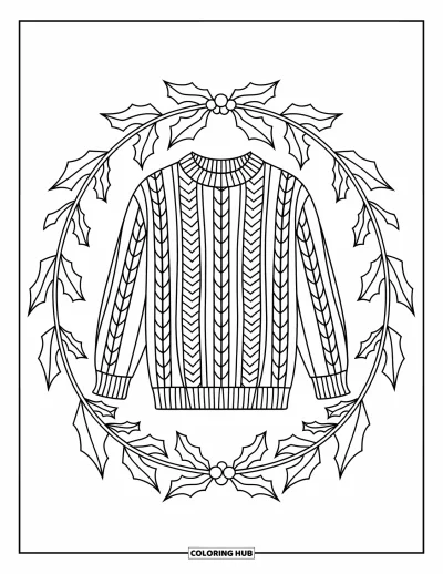 Fargeleggingsark med vinterklær for voksne: En varm genser sitter i midten av et jutebord-mandala-design
