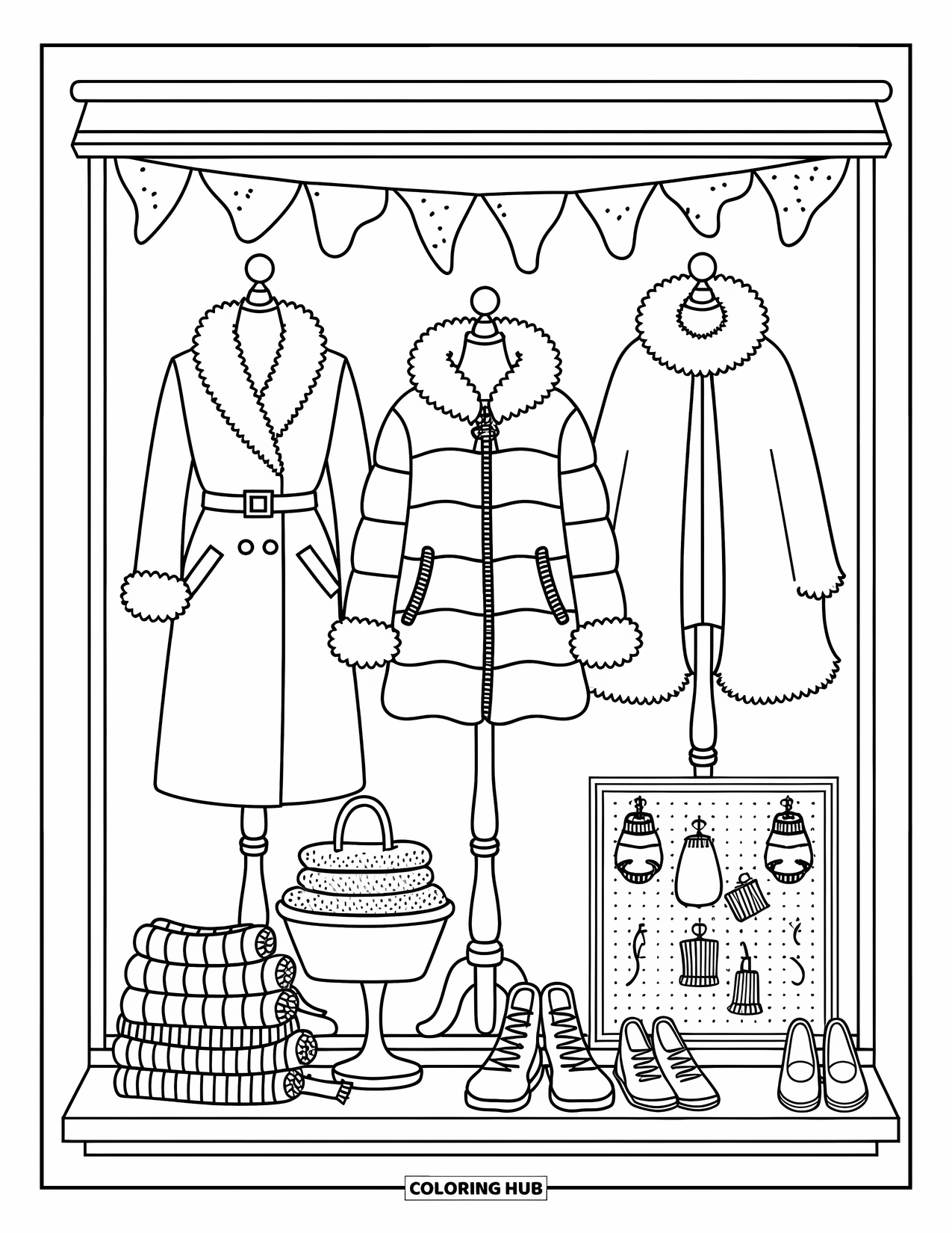 Winter Clothes Coloring Page for Adults: A winter window display shows coats, ponchos, and mittens with falling snowflakes