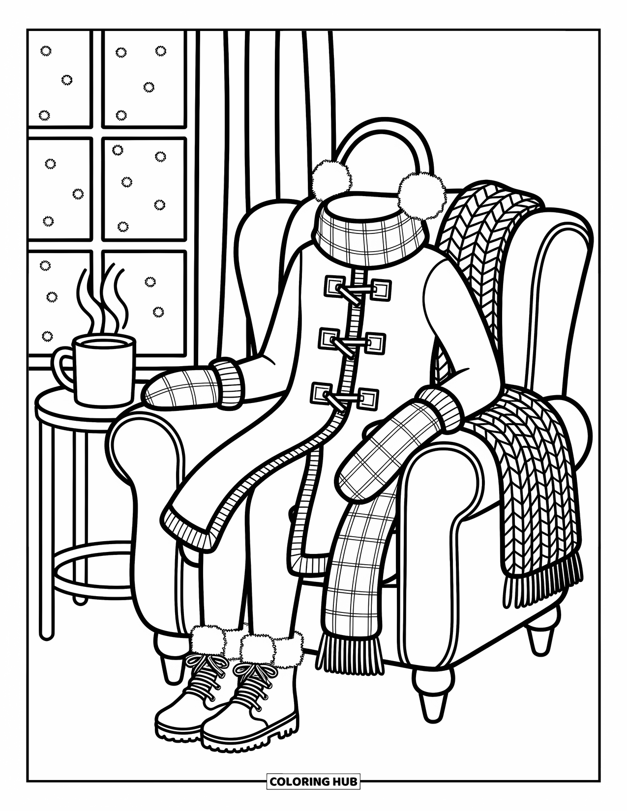 Winter Clothes Coloring Page for Adults: A wool coat, scarf, and mittens are arranged on a chair beside a frosty window