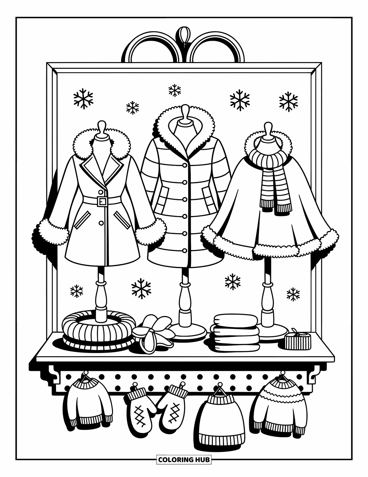 Winter Clothes Coloring Page for Adults: Mannequins show off cute winter looks in a warm, softly lit shop window
