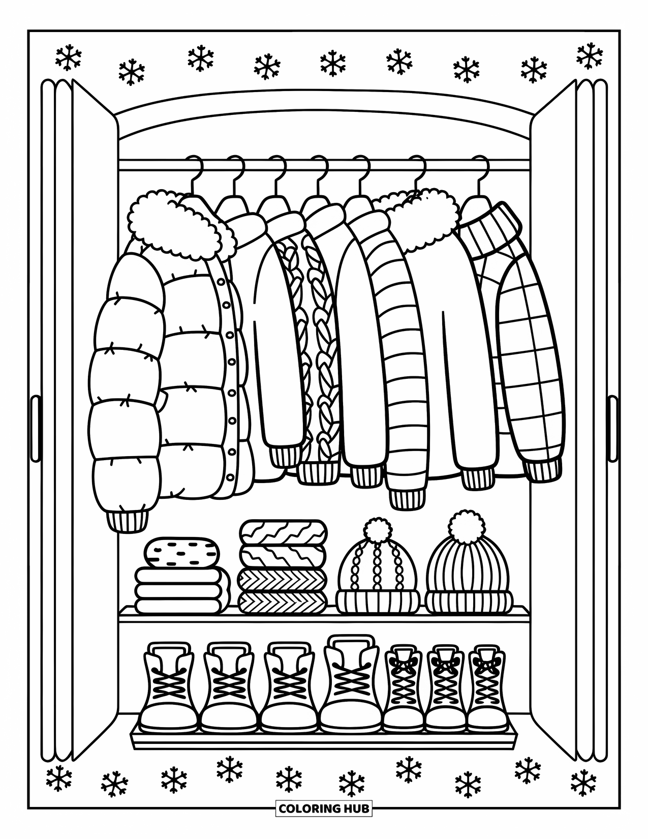 Winter Clothes Coloring Page for Adults: Puffy coats and wool sweaters hang neatly in a wardrobe filled with cozy winter gear