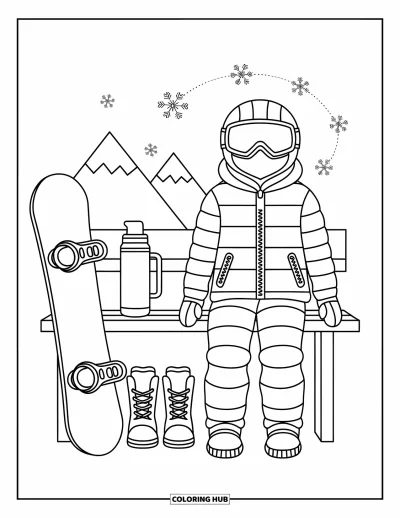 Fargeleggingsark med vinterklær for voksne: Snøutstyr er ryddig lagt ut på en benk, med støvler og et snowboard i nærheten