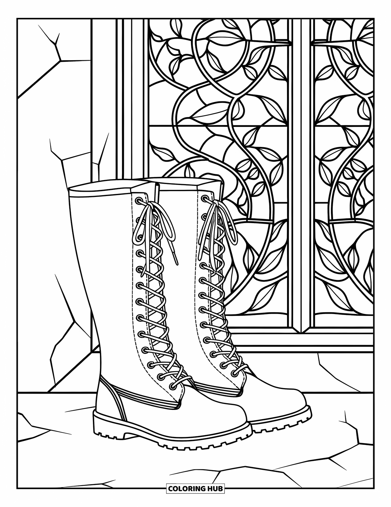 Winter Clothes Coloring Page for Adults: Winter boots rest below a stained glass window filled with leafy patterns