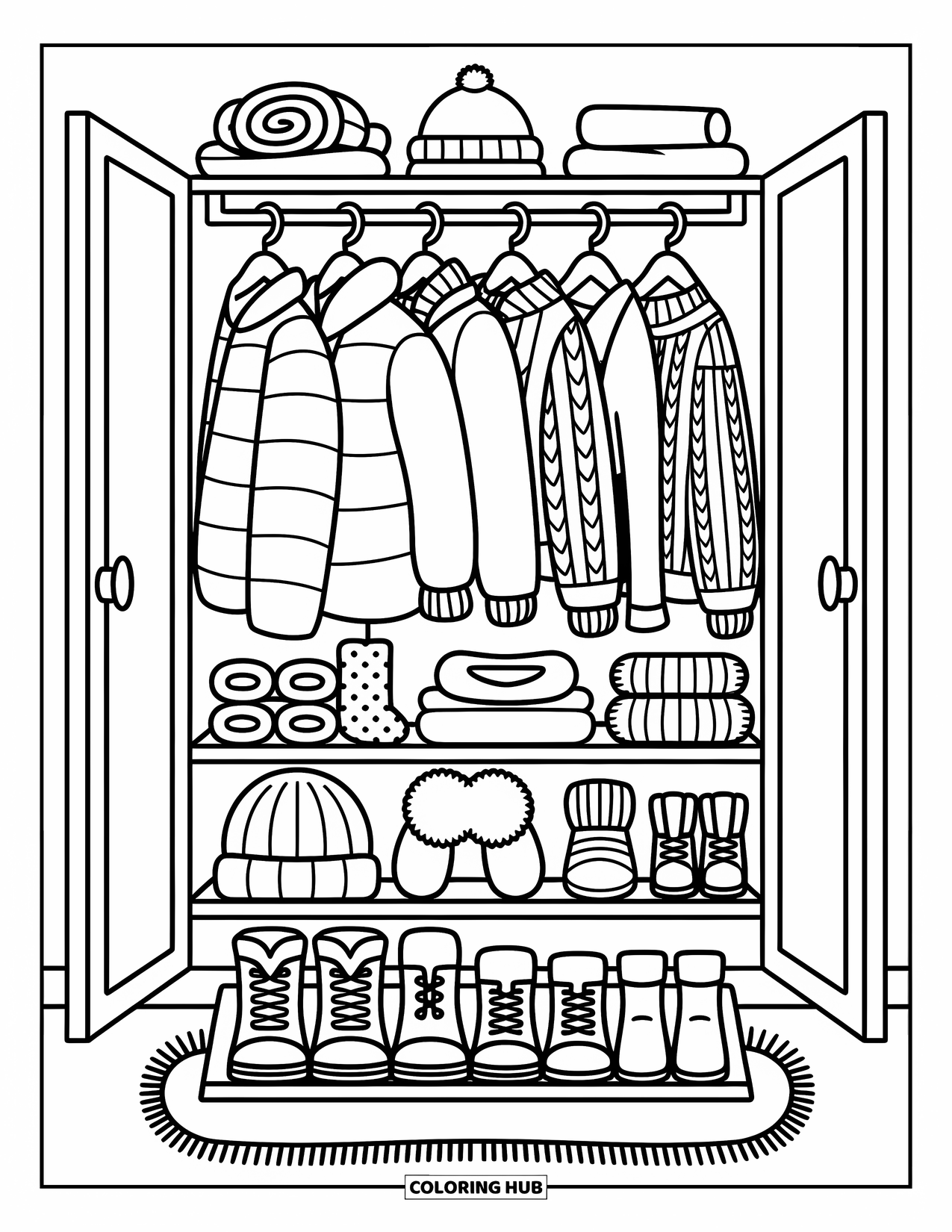 Winter Clothes Coloring Page for Adults: Winter clothes fill an open closet with boots, scarves, and scattered snowflakes