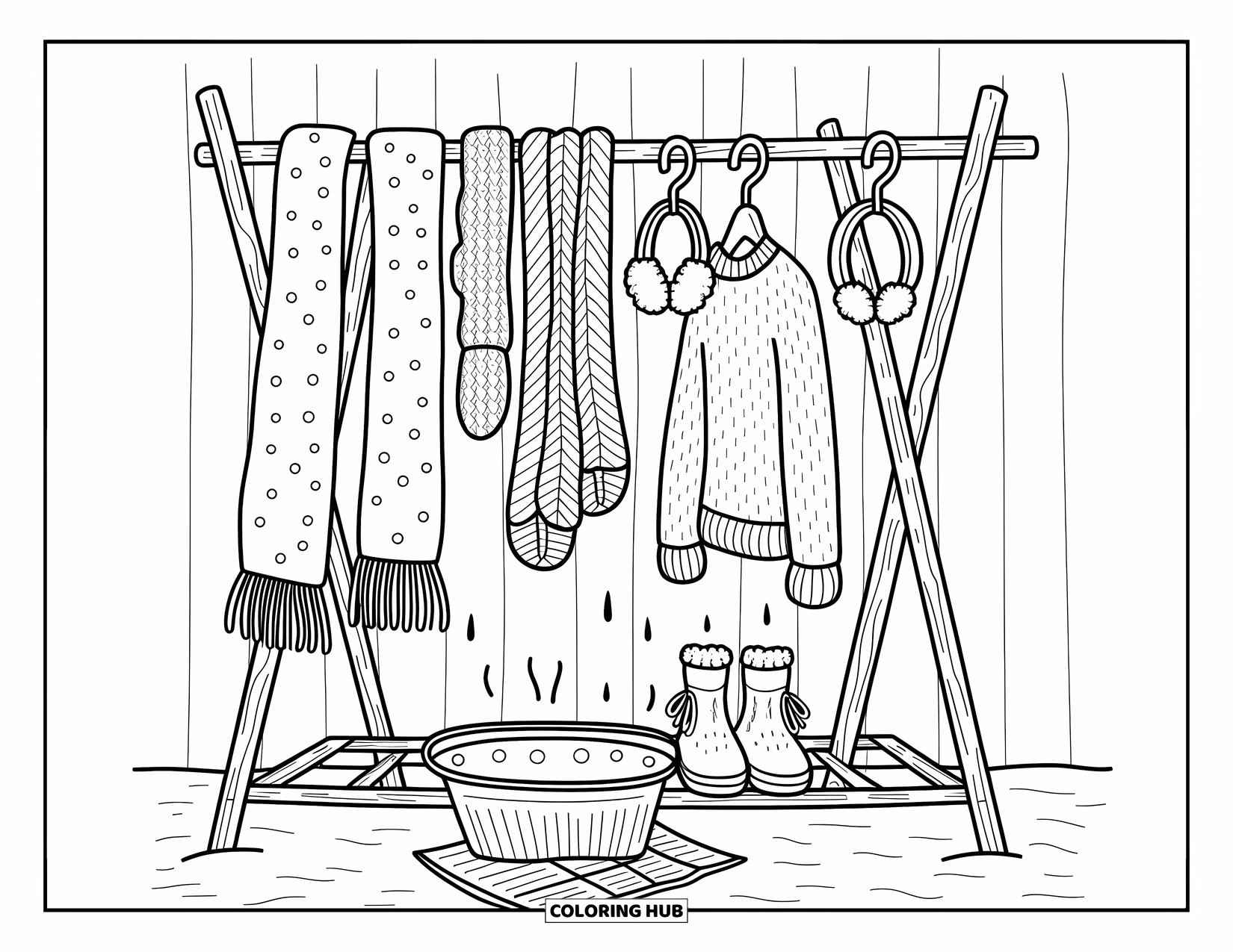 Winter Clothes Coloring Page for Adults: Winter wear hangs neatly indoors, with snow dripping into a tray and boots below