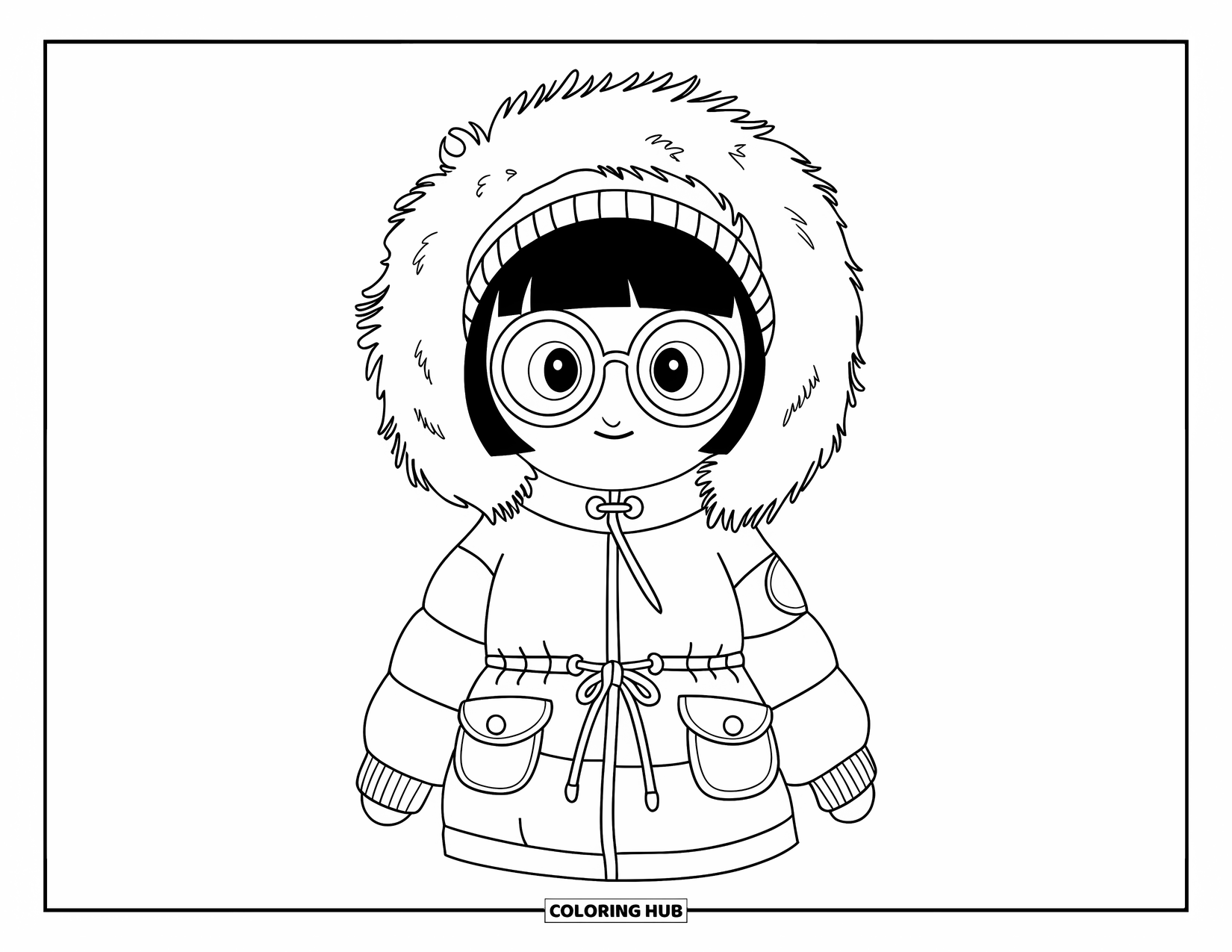 Winter Clothes Coloring Page for Kids: A character in a furry parka and glasses stands ready for the cold