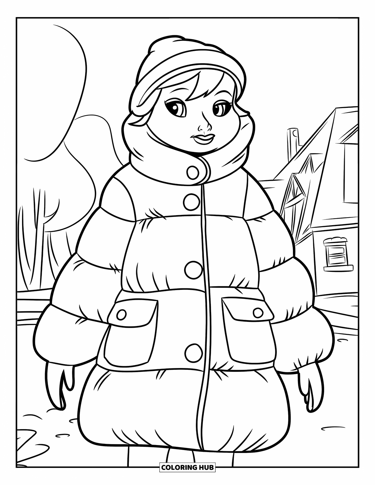 Winter Clothes Coloring Page for Kids: A cheerful character in a puffy coat smiles in a snowy village