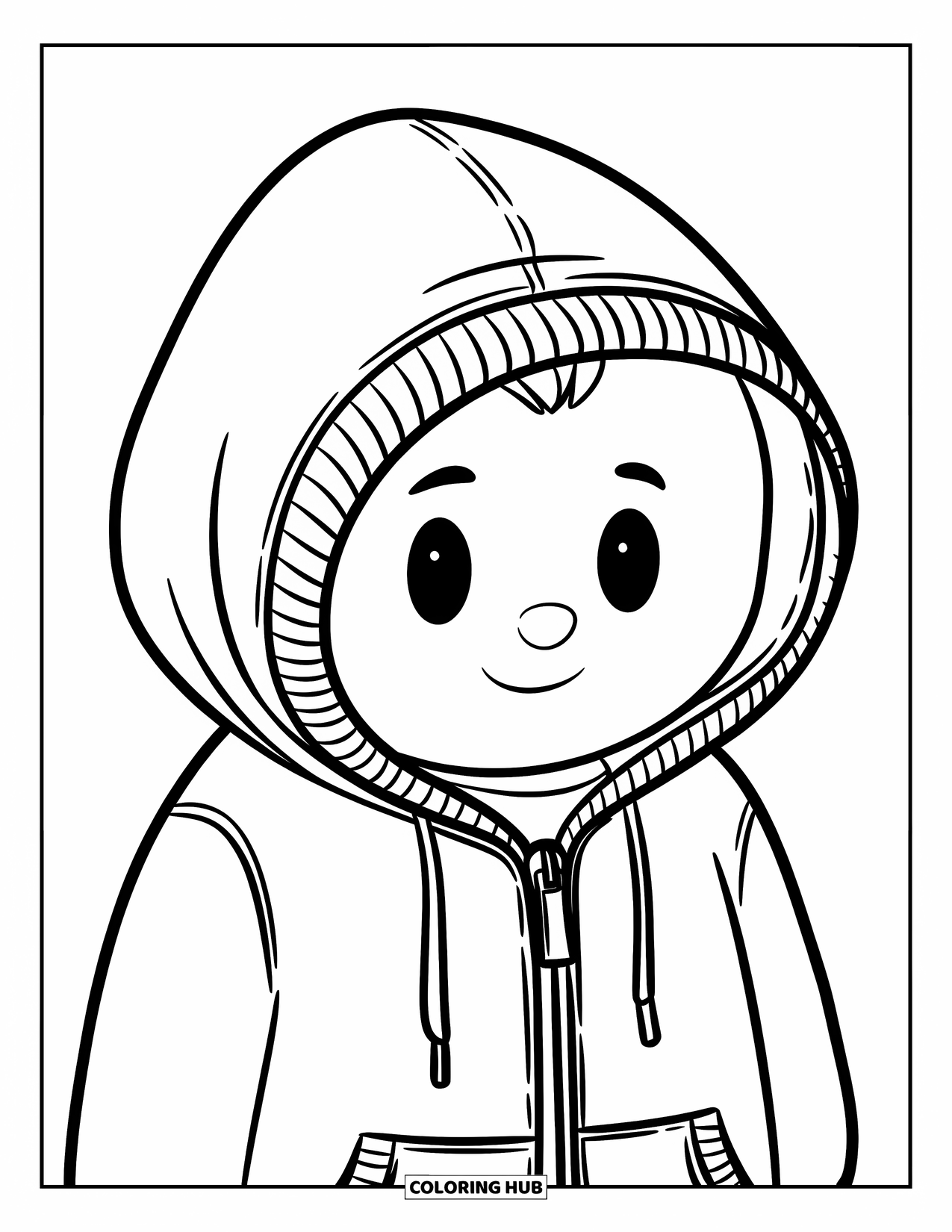 Winter Clothes Coloring Page for Kids: A cheerful, round character wears a zipped hoodie and smiles