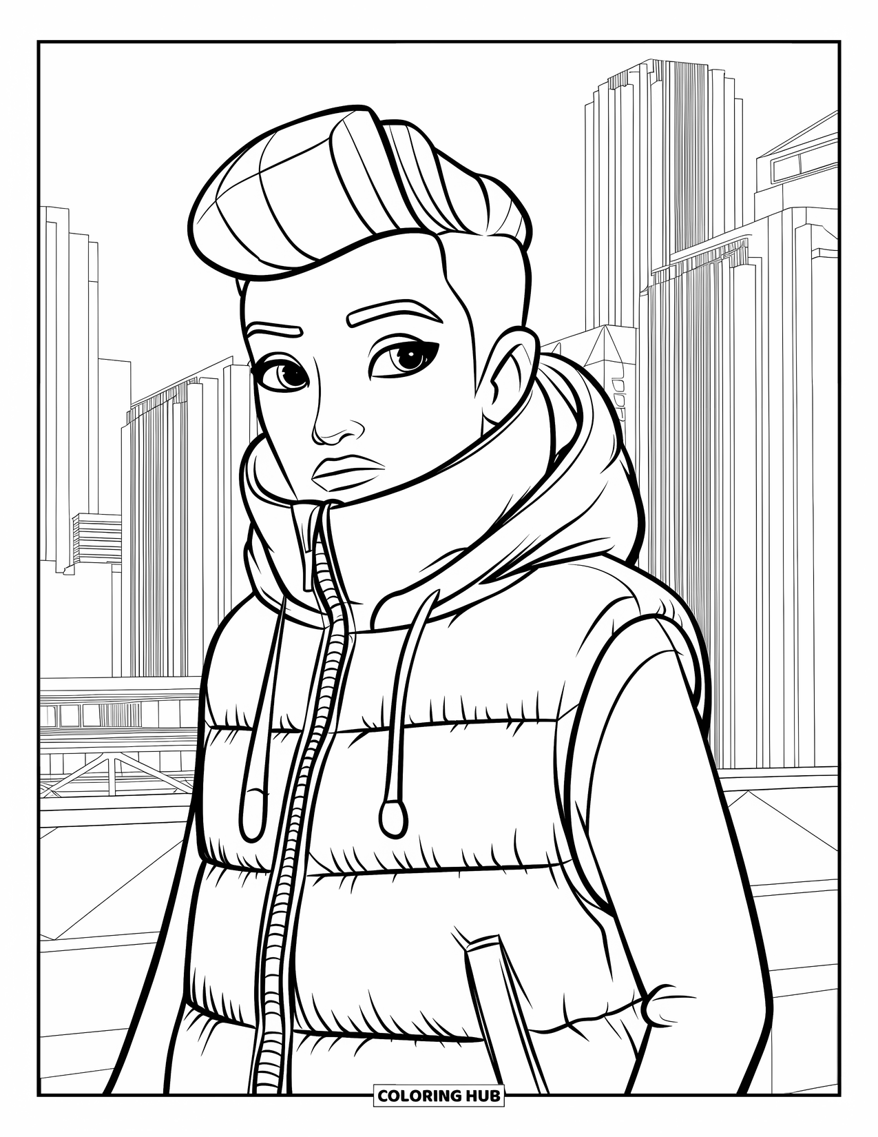 Winter Clothes Coloring Page for Kids: A cityscape backdrop behind a character in a warm puffer vest