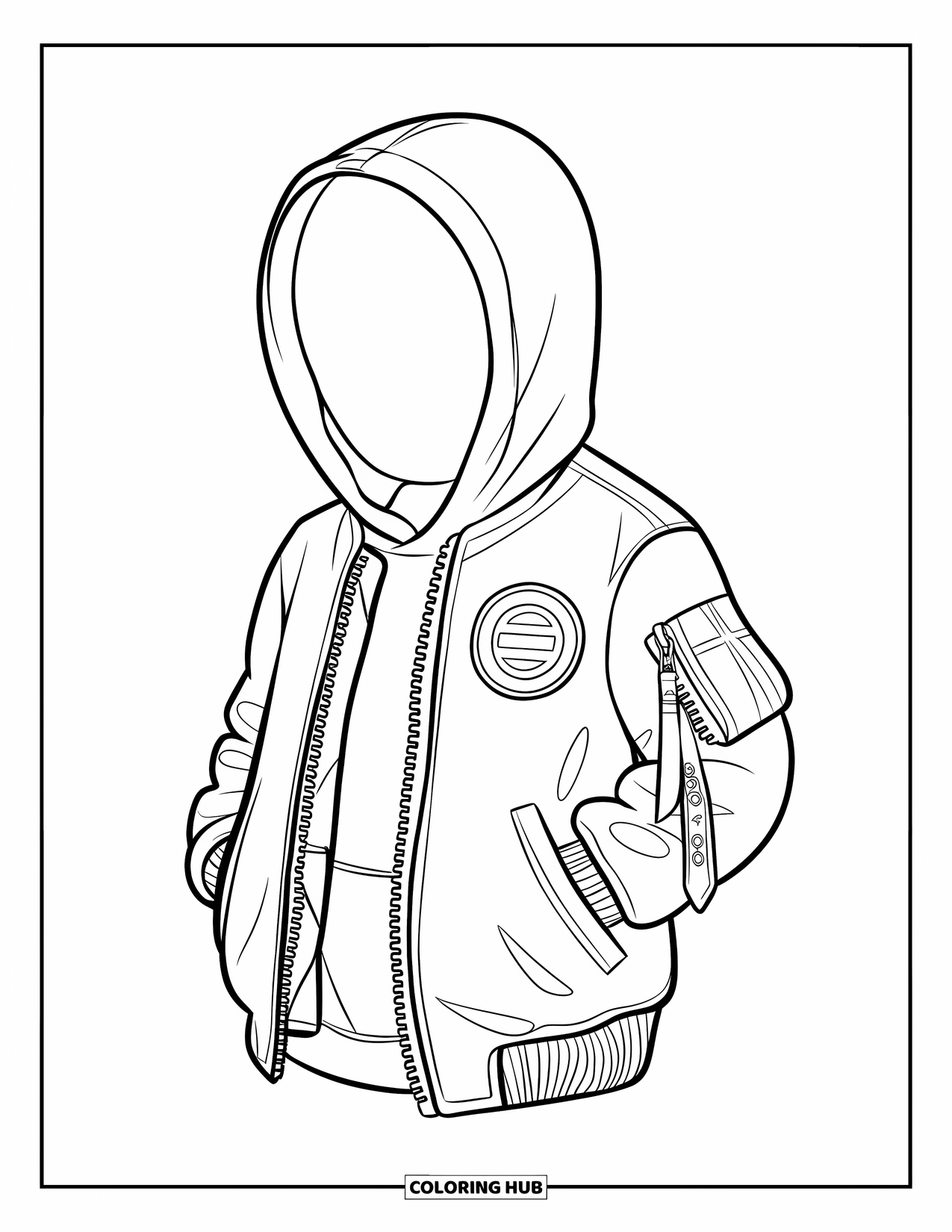 Winter Clothes Coloring Page for Kids: A cool outfit with a hoodie and bomber jacket featuring bold logos