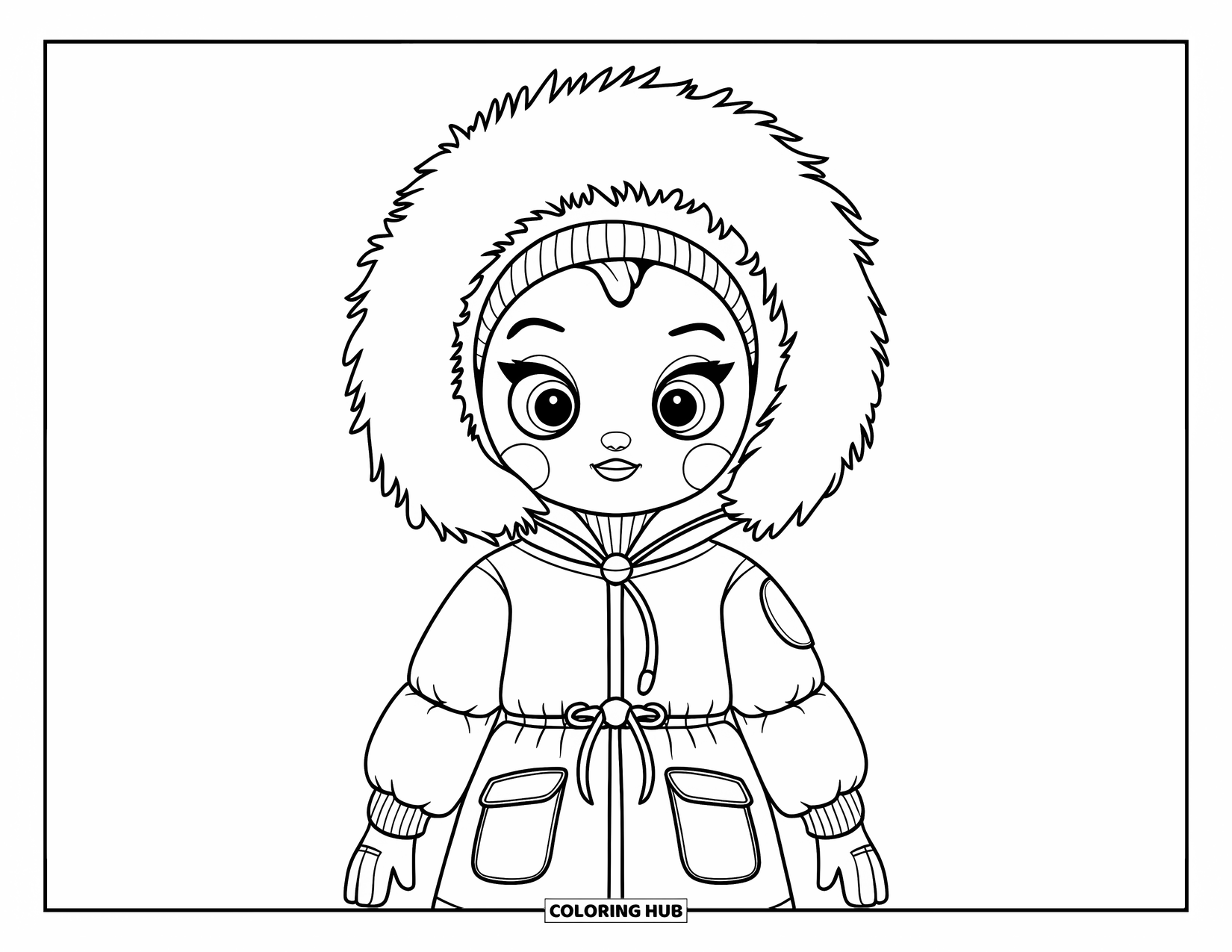 Winter Clothes Coloring Page for Kids: A cozy parka with a furry hood worn by a character with big, friendly eyes