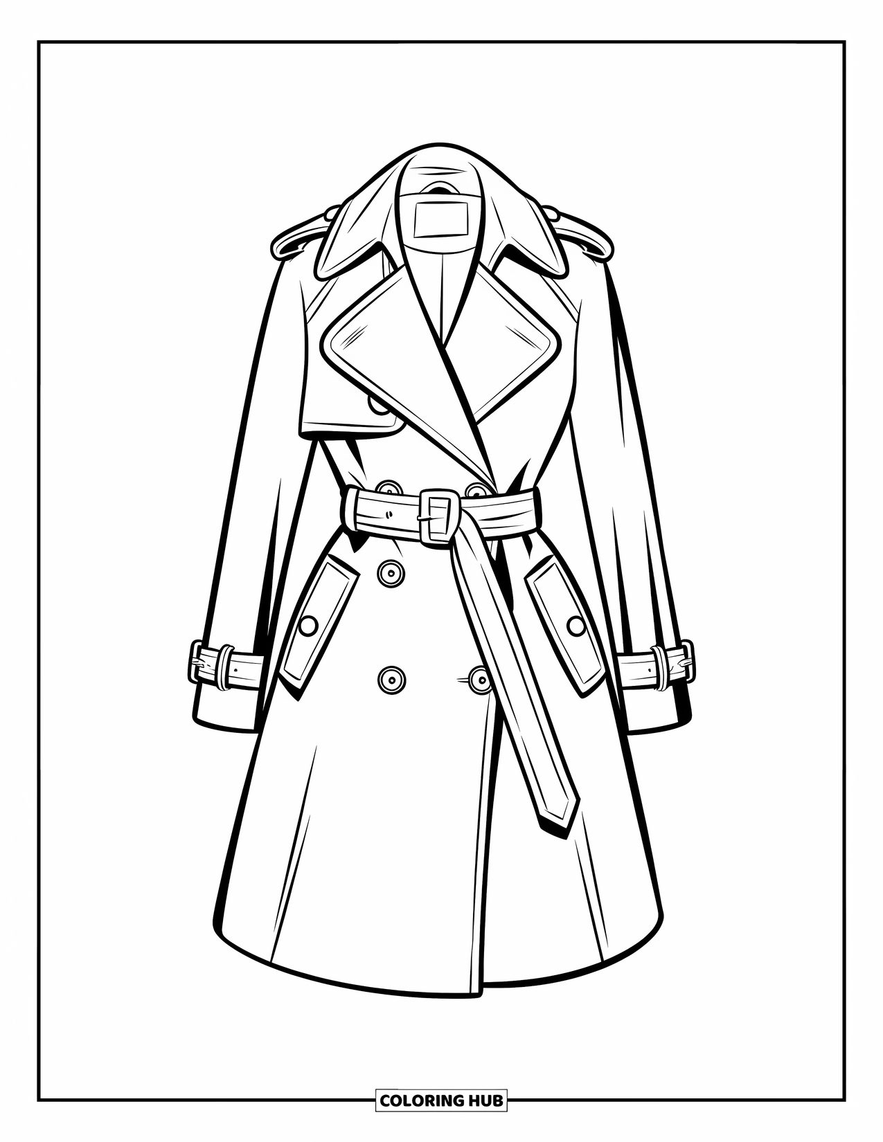 Winter Clothes Coloring Page for Kids: A crisp trench coat with folds and details draped over a mannequin