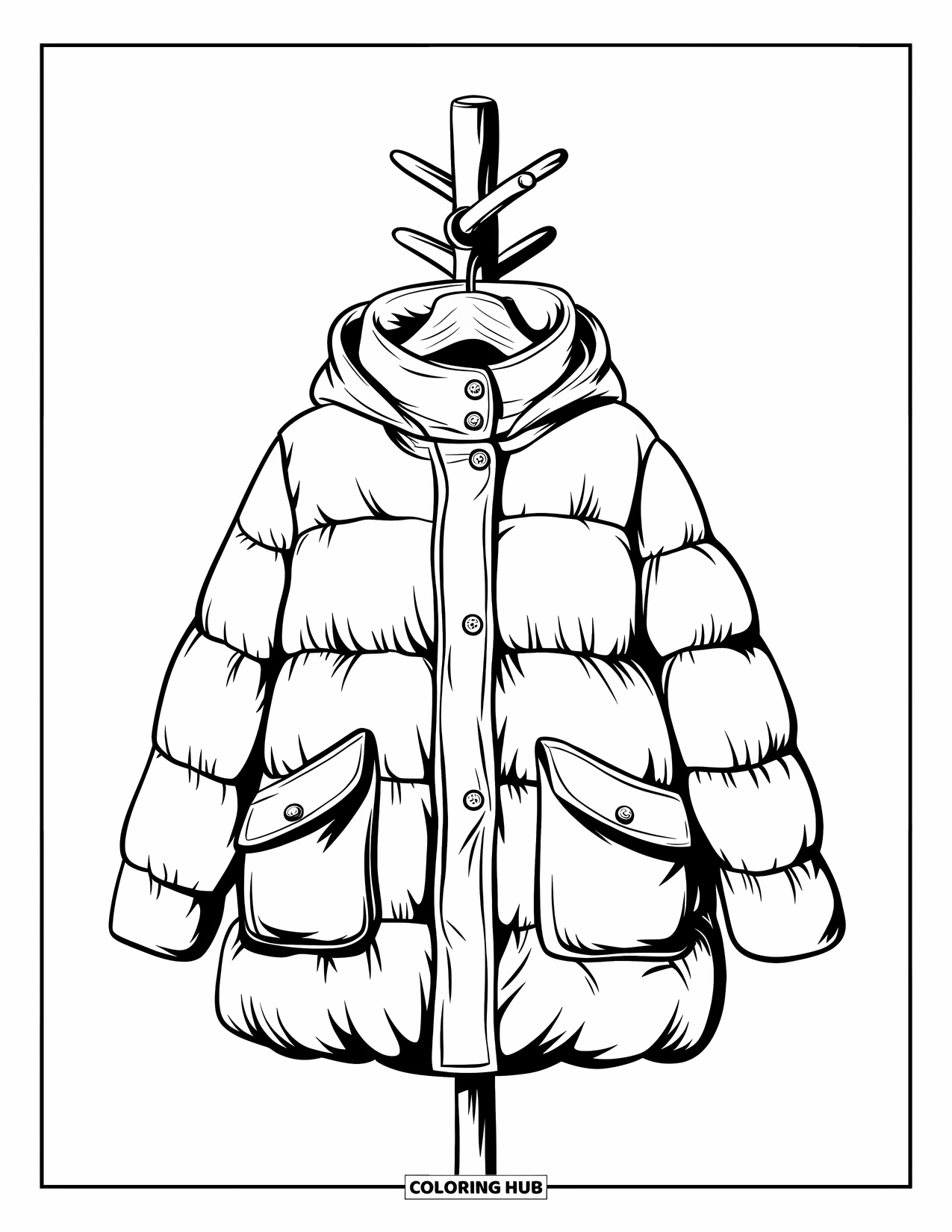 Winter Clothes Coloring Page for Kids: A large coat with pockets and buttons stands on a wooden coat stand