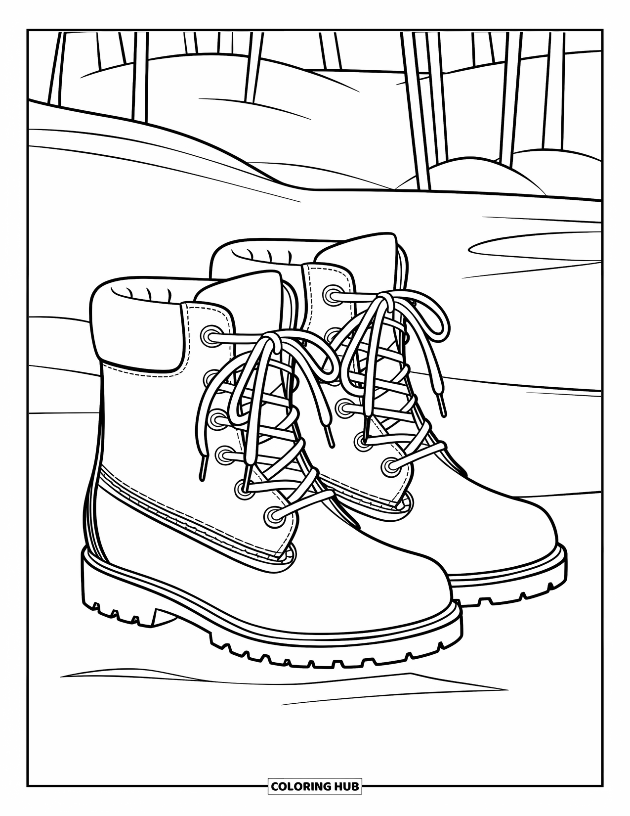 Winter Clothes Coloring Page for Kids: A pair of cozy snow boots with straps sit on a snowy trail