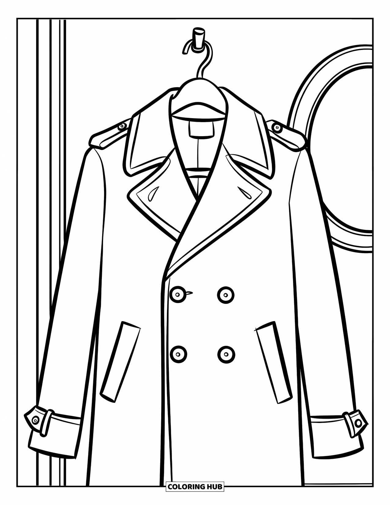 Winter Clothes Coloring Page for Kids: A pea coat with notch lapels hangs neatly next to a round mirror