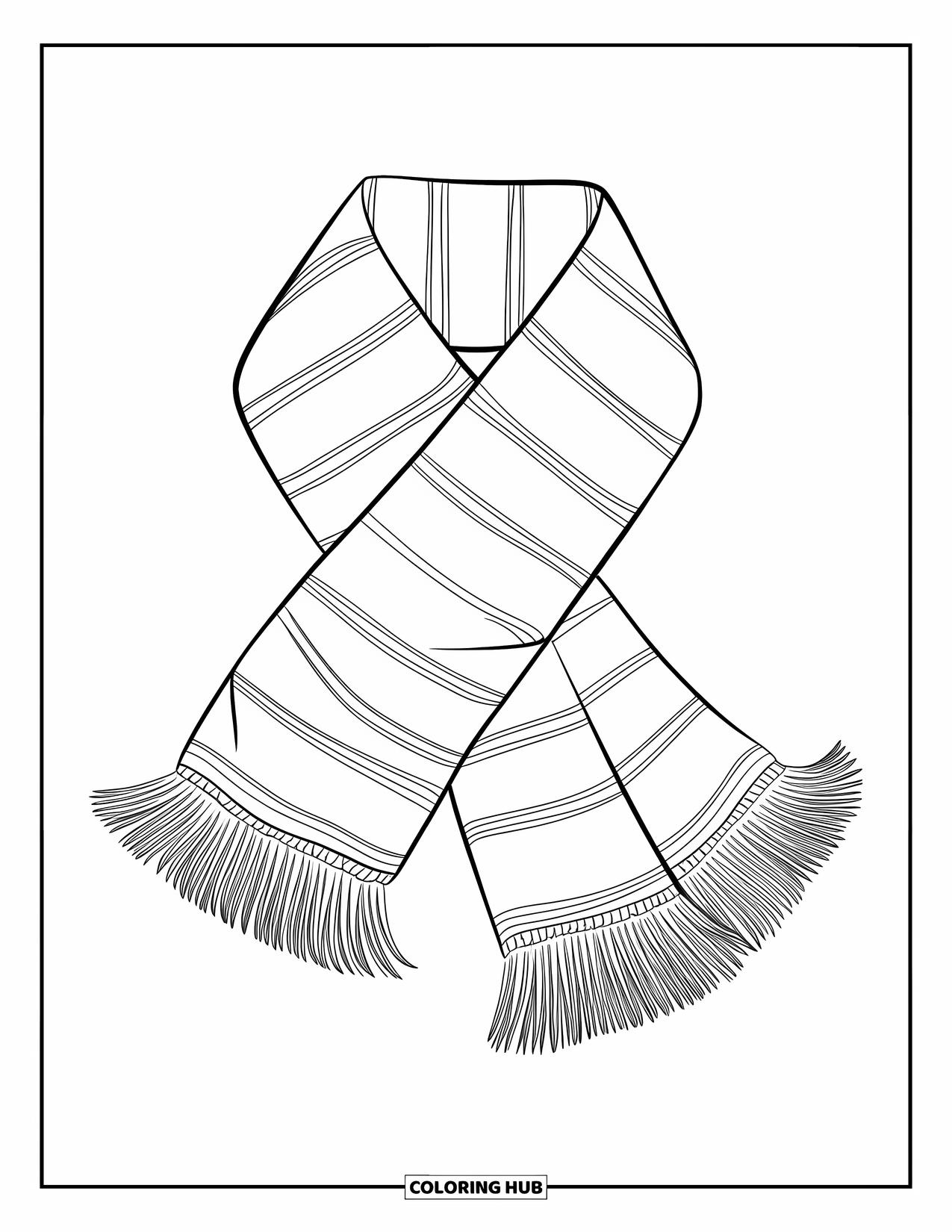 Winter Clothes Coloring Page for Kids: A playful striped scarf drapes over a simple wooden pole
