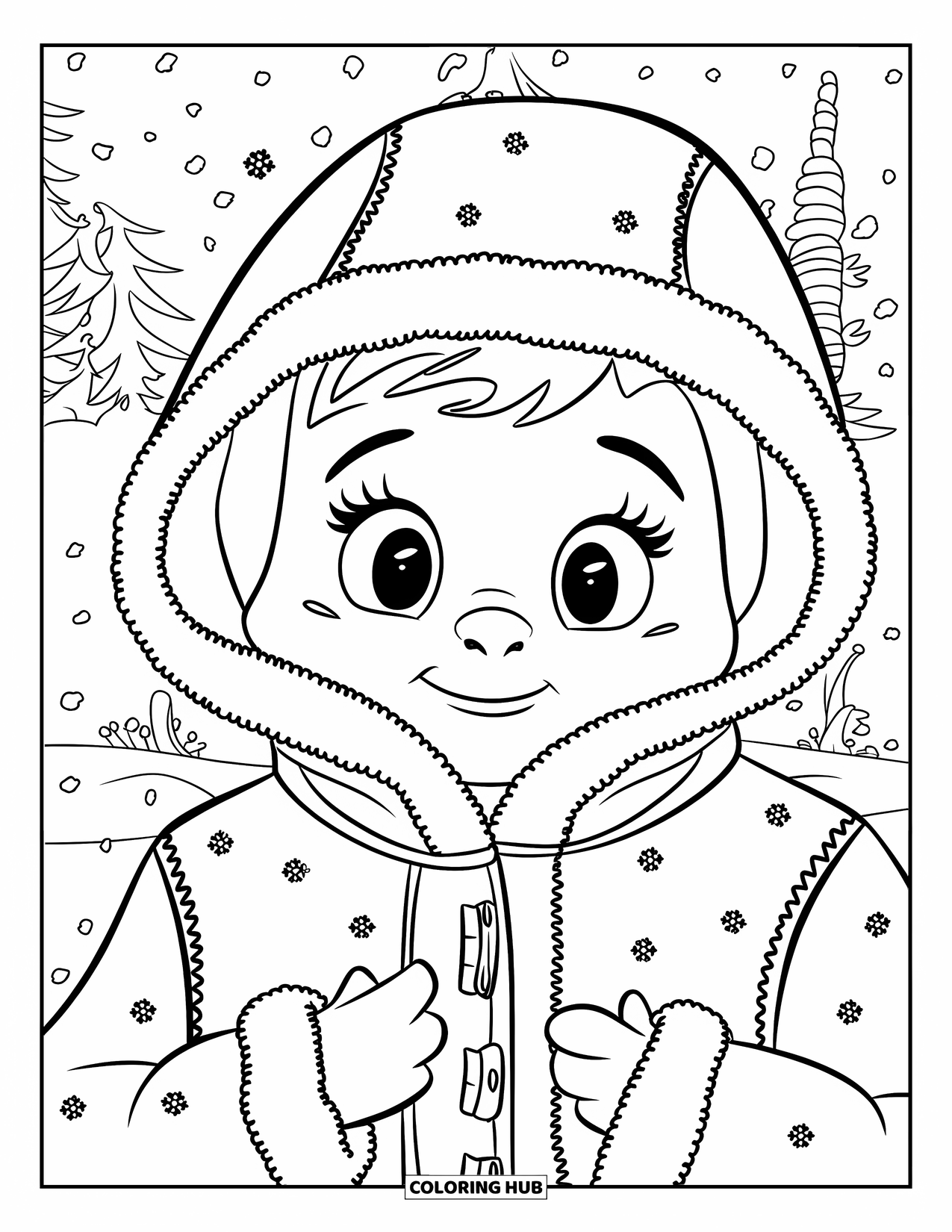 Winter Clothes Coloring Page for Kids: A smiling character holds a snowflake-stitched jacket in a wintery forest