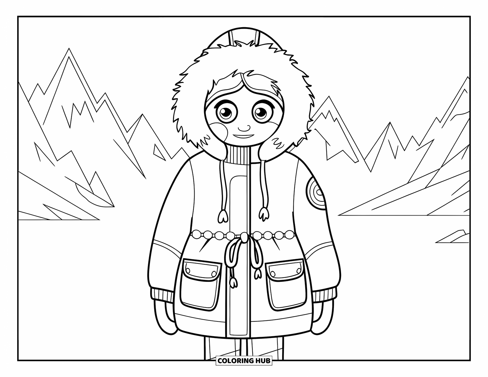 Winter Clothes Coloring Page for Kids: A smiling character in a warm parka stands in a snowy mountain scene