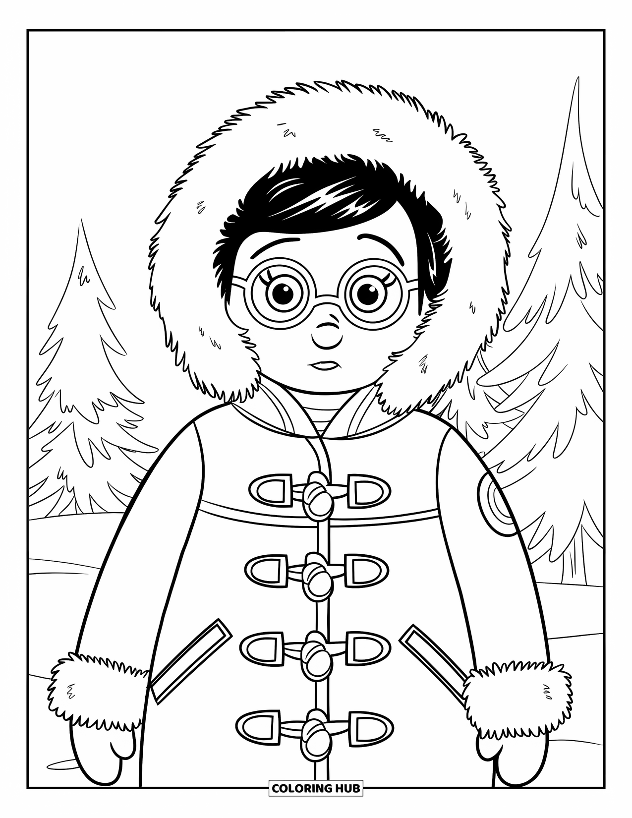 Winter Clothes Coloring Page for Kids: A smiling character in glasses wears a parka in a snowy forest