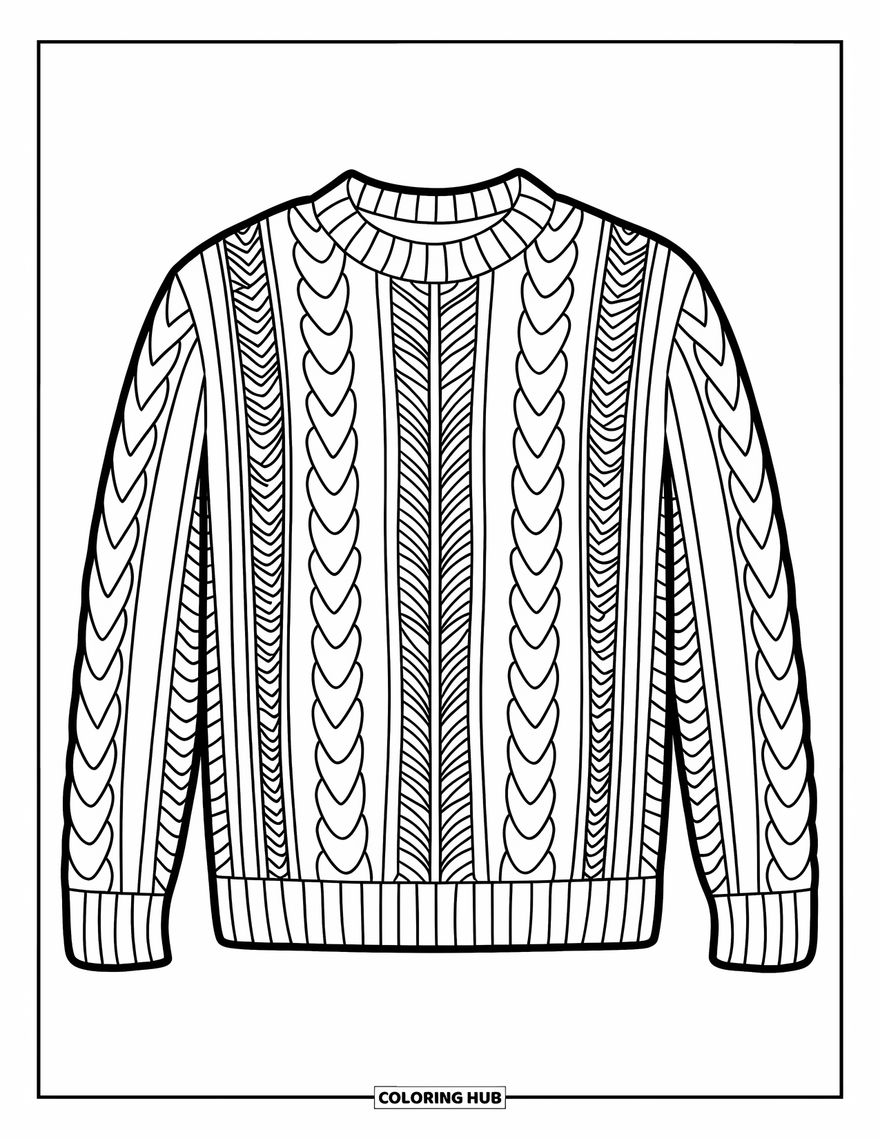 Winter Clothes Coloring Page for Kids: A smiling character wears a cable-knit sweater with textured patterns