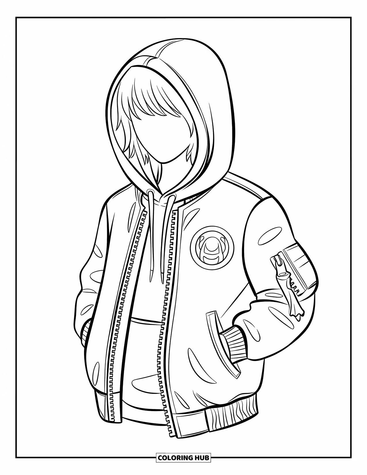 Winter Clothes Coloring Page for Kids: A teen with short hair rocks a hoodie and bomber jacket combo