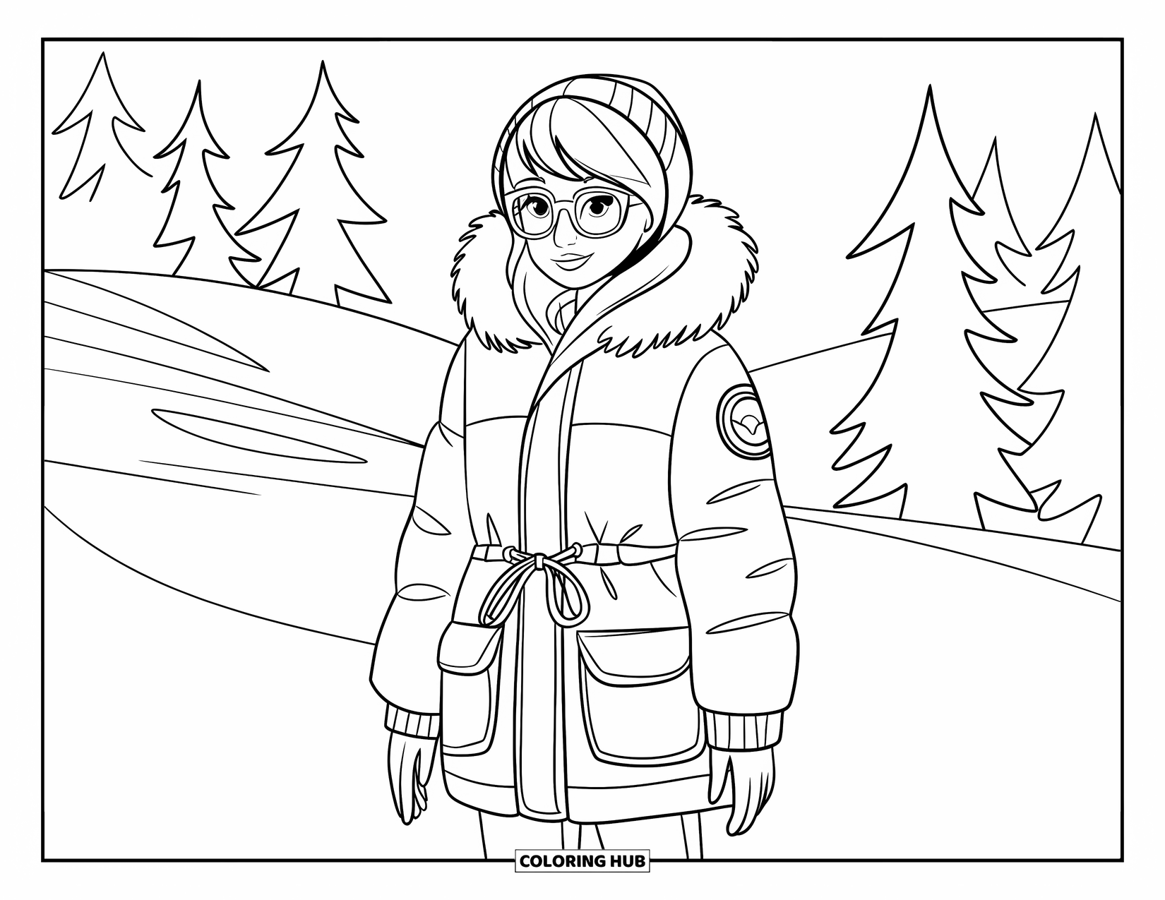 Winter Clothes Coloring Page for Kids: A teen with short hair wears a fur-hooded parka in a snowy forest