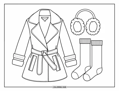 Fargeleggingsark med vinterklær for barn: En trenchcoat, ørevarmer og sokker med sømmede detaljer og koselig vinterstil