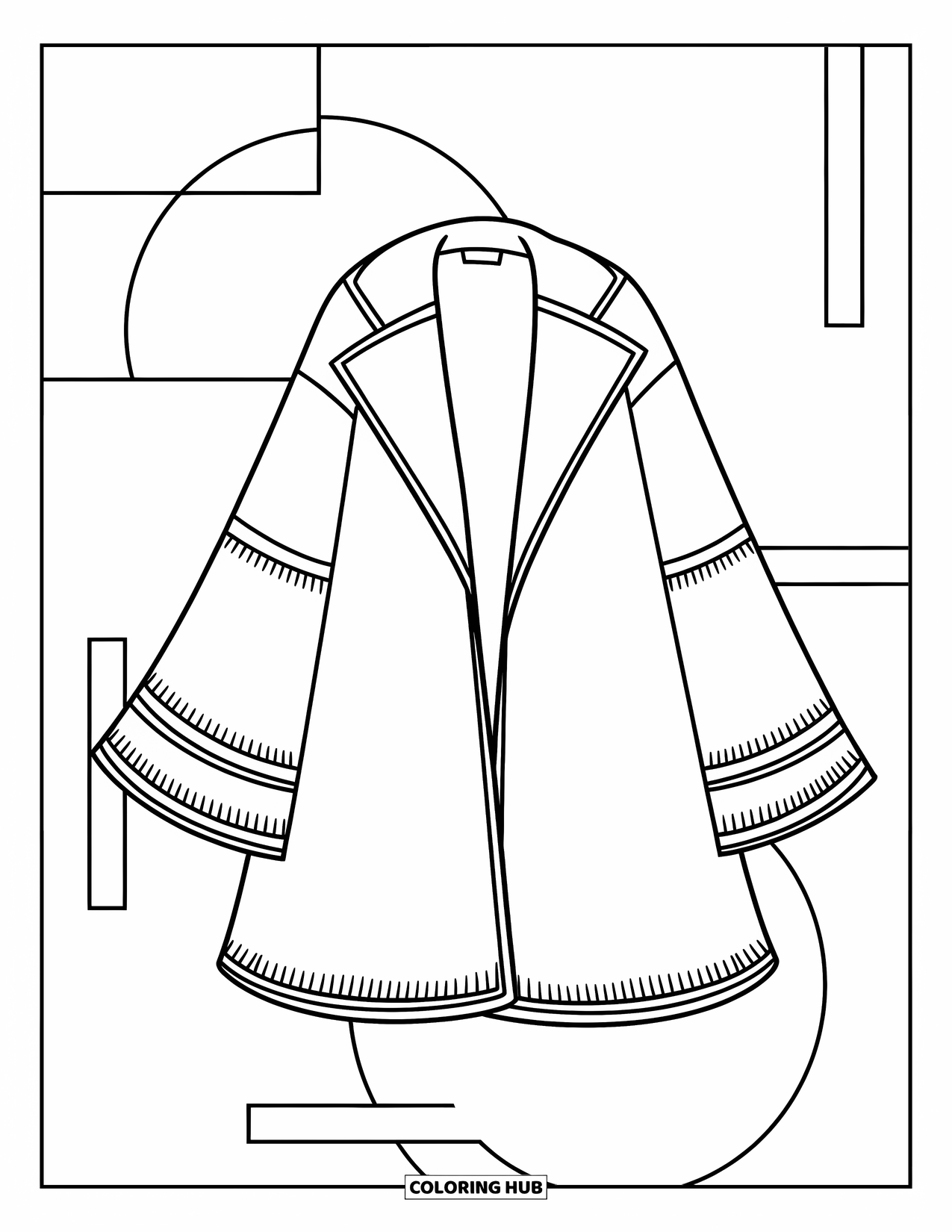 Winter Clothes Coloring Page for Kids: A warm poncho coat with stitched edges rests on a mannequin