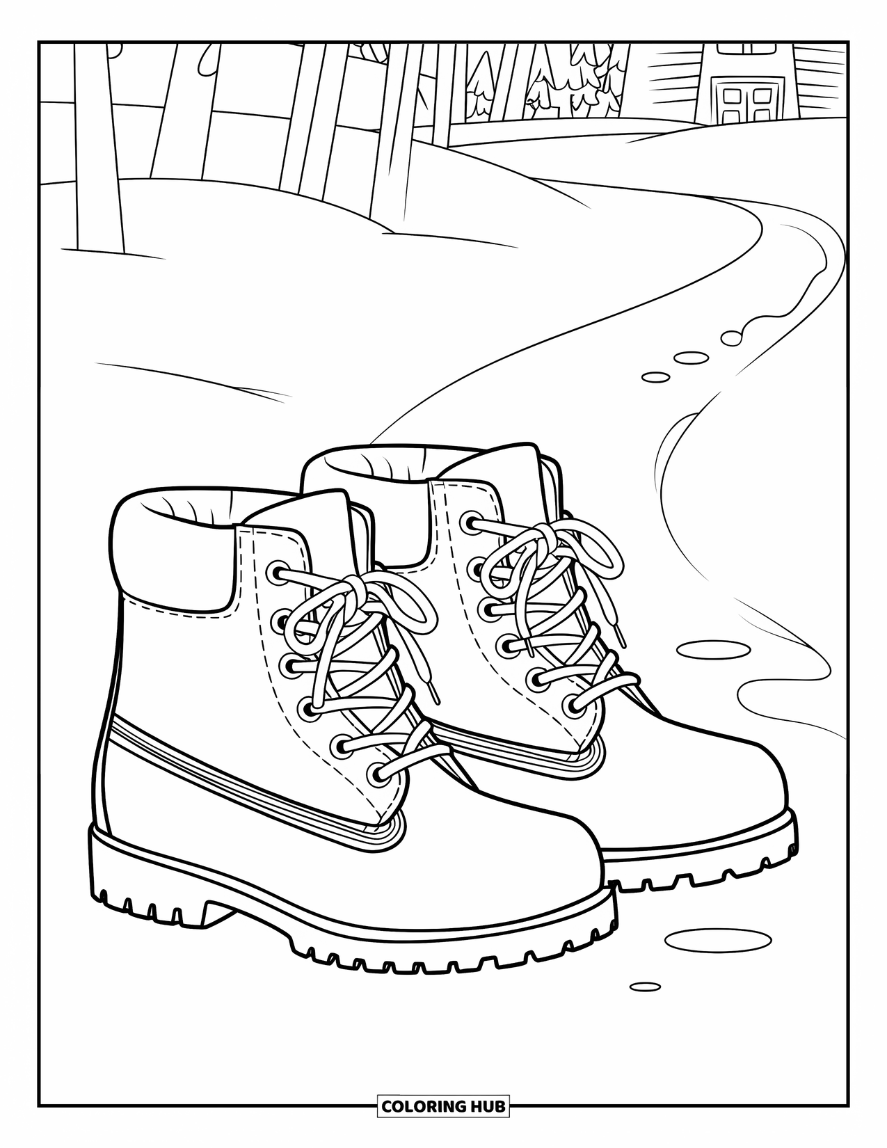 Winter Clothes Coloring Page for Kids: Boots sit in snow, with paths leading through a quiet forest