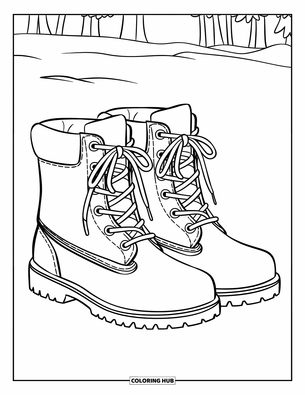 Winter Clothes Coloring Page for Kids: Snow boots with laces and thick soles rest on a snowy patch